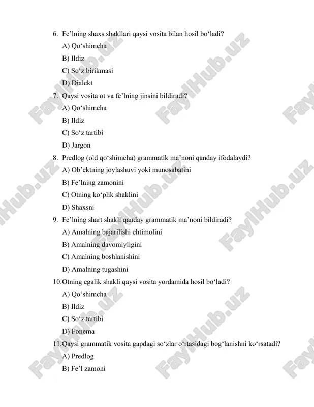 ma? a) so‘zning ot, fe’l, sifat shaklini bildiradi b) so‘zning talaffuzini o‘zgartiradi c) so‘zning ma’nosini yo‘q qiladi d) so‘z birikmasini hosil qiladi 16. fe’lning mustaqil va bog‘liq shakllari qaysi grammatik ma’noga bog‘liq? a) amalning bajarilishiga b) shaxs va zamonga c) ko‘plikka d) shartga 17. otning joylashuv, egalik va ko‘plik shakllari qaysi vosita bilan hosil bo‘ladi? a) qo‘shimcha b) ildiz c) fonema d) predlog 18. qaysi vosita so‘zning grammatik kategoriyasini ko‘rsatadi? a) qo‘shimcha b) so‘z birikmasi c) dialekt d) argo 19. fe’lning qaysi shakli amalga bo‘lgan harakatni bildiradi? a) o‘tgan zamon b) hozirgi zamon c) kelajak zamon d) shart shakli 20. predlog qaysi grammatik ma’noni hosil qiladi? a) ob’ekt va amal o‘rtasidagi munosabat b) fe’lning zamonini c) shaxsni d) ko‘plikni 21. otning egalik shakli qanday hosil bo‘ladi? a) qo‘shimcha yordamida b) fonema bilan c) ildiz bilan d) so‘z birikmasi yordamida 22. qo‘shimchalar fe’l va otga qanday ma’no qo‘shadi? a) shaxs, zamon, …