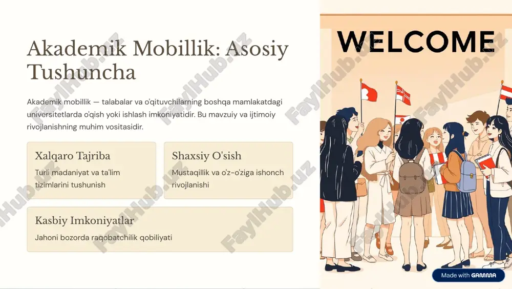 niadi qisman stipendiya tuition yoki turar-joy xarajatlari qoplaniadi qarz va kreditlar oliy ta'lim uchun qarzga doir imkoniyatlar https://gamma.app/?utm_source=made-with-gamma o'zbekiston talabalariga imkoniyatlar erasmus+ dasturi o'zbekistandan avstraliya, germaniya va italiya universitetlarida o'qish dasturi usa grantlari fulbright va boshqa aqsh federalshunosiga ko'chirilgan dasturlar osiyo markazi singapur, xitoy va tailand universitetlarida o'qish imkoniyatlari https://gamma.app/?utm_source=made-with-gamma muvaffaqiyatli hikoyalar akademik mobillik orqali ota-modani kutilmagan natijalar erishgan talabalarning qo'rquvchan xikoyalari: yusuf: "germaniyada o'qib, texnologiya sohasida magistr darajasini olgan. hozir google- da ishlayapman." zarina: "milanda diplomatiya o'rganib, oecd-da vasita bo'lib ishlayapman. chet el ta'limi hayotni almashtirdi." akram: "avstraliyadan tabiiy fanlar diploma olgan. bugun start-up-ni bosh rahbari sifatida rahbarlantiraman." https://gamma.app/?utm_source=made-with-gamma qiyinchiliklar va yechimlar n asosiy muammolar til va tiliy to'siqlari moliyaviy cheklashlar maso'uliyat va stressni boshqarish visa va migratsiyon masalalarr ' yechim strategiyalari undan avval tili o'zlashtir grant va stipendiyalar izla psixologik yordam servicalaridan foyda visa ma'murlari bilan erkin muloqot qil https://gamma.app/?utm_source=made-with-gamma o'z kelajagingizni yarating! akademik mobillik 4 faqat o'qish …