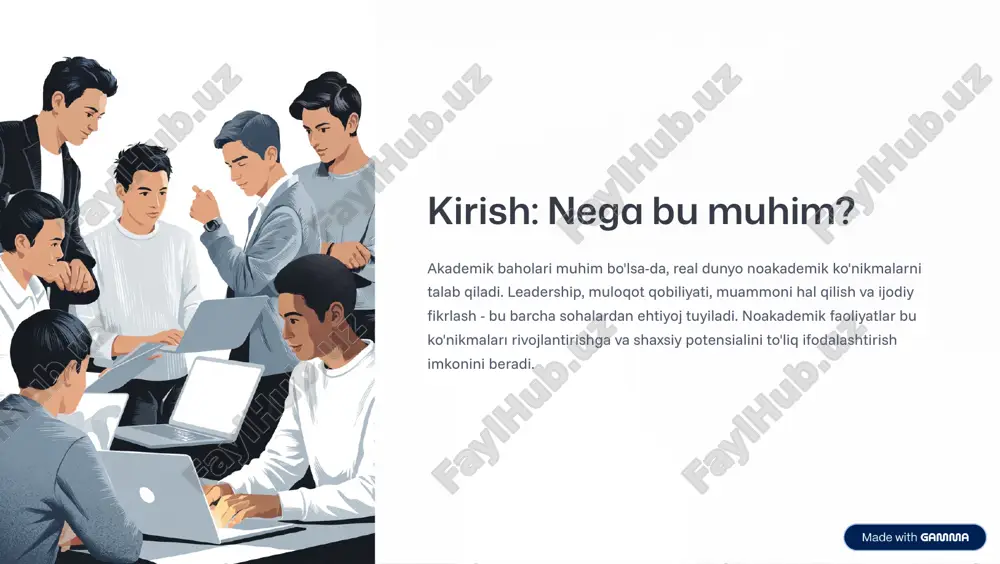 irish. musiqa streßni kamaytirish, diqqatni jamlash va emosional chuvalanguliklarni ifodalash. o'qish bilim kengaytirish, taxyal rivojlantirish va psieologik salomatlangani ta'minlash. https://gamma.app/?utm_source=made-with-gamma tarmoqlanish va munosabatlar qurish san'ati 01 aloqalar o'rnatish konferensiyalar, tadbirlar va ijtimoiy uchrashuvlarda ishtirok etish orqali yangi odamlarni tanish. 02 munosabatlarni chuqurlashtirah doimiy aloqa o'rnatish, qiziqish ko'rsatish va o'zaro foydali bog'lanishlarni shakllantirish. 03 mentor topish tajribali odam yoki rahbarlardan maslaha va yo'l-yo'rigina olish. 04 karyera imkoniyatlari tarmoq orqali praktika, ish va hamkorlik imkoniyatlarini topish. https://gamma.app/?utm_source=made-with-gamma vaqtni samarali boshqarish va ustuvorliklarni belgilash ustuvorliklarni belgilash muhim va shoshilinch vazifalarni ajratib turish noakademik faoliyatlarning o'rinini belgilash hayat balanssini saqlash vaqtni boshqarish ish-jadvalini toshlash va realistik maqsadlar qo'yish doimiy vaqt jadvali tayyorlash xushni tinch olish uchun vaqt ajratish https://gamma.app/?utm_source=made-with-gamma shaxsiy o'sish uchun doimiy o'rganish va rivojlanish qiziqishlarni kashf etish turli xil sohalarga sinab ko'rish va o'zning haqiqiy qiziqishlari va kuchli tomonlarini aniqlash. yangi ko'nikmalar o'zlashtirish onlayn kurslar, seminars, mastersinklar orqali bilimni kengaytirish. tajriba orttirish …