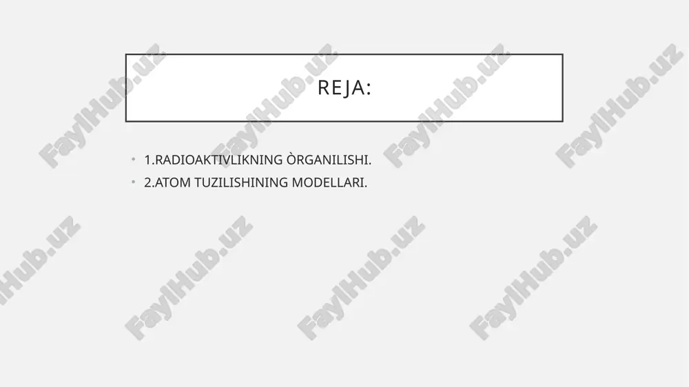 bilan atalgan. olim eyfel minorasidagi buyuk olimlar ro'yxatiga kiritilgan. v.k.rentgenning x-nurlar olish uchun yaratgan uskunasi. 1898-yilda olima m.s. kyuri o‘zining turmush o'rtog’i, fransuz olimi per kyuri bilan birgalikda, og’ir metall toriy elementi ham radioaktivlik xossasiga egaligini, uran va toriy elementlaridan sochilgan nurlar murakkab tabiatga ega bo'lib, ular magnit maydon ta'sirida uch xil yo'nalish bo’ylab og’ishini kuzatdilar. e. rezerford bu nurlarni a-, fi-, /-nurlar deb ajratishni taklif etdi. ko'p marta takrorlangan tajribalar asosida y-nurlar magnit maydonida o'/ yo'nalishini o'zgartirmasligi, fi-nurlar katod nurlari kabi xususiyatlami namoyon qilishi va a-nurlar esa magnit trmydonnb fi-nurlarga. qarama-qarshi tomonga og’ishi va massasi to'rtta proton massasiga tengligi aniqlandi. a-nurlar tarkibi va xossalari keyinchalik aniqlandi. 1898-yilda m.s. kyuri va eri p. kyuri bogemiyadan olib kelingan va tarkibida 75% gacha uran bo'lgan ruda smolall qoldiqlaiining bir necha tonnasidan juda og’ir sharoitlarda radioaktivligi urandan yuqori bo’lgan yangi noma’lum radioaktiv element borligini aniqlashdi va uni ajratib olishdi.p radioaktivlik hodisasining kashf etilish …