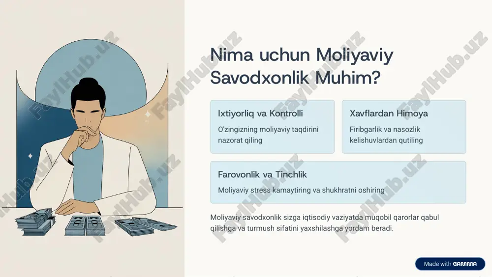 diapazonini to'g'ri tushunish moliyaviy sog'lig'ingizni saqlashning kalit omilidir. https://gamma.app/?utm_source=made-with-gamma raqamli moliyaviy vositalar va xizmatlar mobil bankirlik istalgan vaqtda, istalgan joydan pul boshqaring raqamli hamyonlar tez, xavfsiz va qulay to'lovlar investitsiya platformalari kichik summalar bilan investitsiya qila boshlang moliyaviy texnologiyalar bizning hayotini soddalashtirdi, ammo xavfsizlik va shaxsiy ma'lumotlar muhofazasi juda muhimdir. https://gamma.app/?utm_source=made-with-gamma firibgarlikdan himoyalanish xavfsizlik qoidalari quvvatli parollardan foydalaning harf, raqam va belgilarni aralashtirib komplikatsiyalashi parollar tuzib oling shaxsiy ma'lumotlarni ulashmaymiz hech qachon bankingiz pin kodi yoki to'liq kartasi ma'lumotlarini kimga ham bermaymiz faqat ishonchli saytlardan foydalaning https bilan boshlanuvchi url larni tekshiring va rasmiy bankalar saytlari bilan ishlang muntazam hisobnomalarni tekshiring shubhali faoliyatlarni tez orada aniqlash uchun xisob billalarni ko'ring https://gamma.app/?utm_source=made-with-gamma kelajak uchun rejalashtirish nafaqaga chiqish va sug'urta nafaqaga chiqish uchun: erta investitsiya boshlang ish berovingning qatnashchisini maksimal qiling pension hisoblari oching barqaror investitsiya qiling sug'urta turllari: sog'liq sug'urtasi hayot sug'urtasi mulk sug'urtasi mo'ljal moliya sug'urtasi https://gamma.app/?utm_source=made-with-gamma bolalarda moliyaviy odatlarni …
