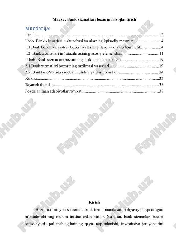 formatsiya qilish, tijorat banklarini bosqichma-bosqich xususiylashtirish hamda ularning faoliyatini xalqaro andozalarga moslashtirish bo‘yicha qator muhim hujjatlar qabul qilindi. xususan, o‘zbekiston respublikasi prezidentining 2020-yil 12-maydagi pf–5992-son farmoni “bank tizimini isloh qilish strategiyasini amalga oshirish chora-tadbirlari to‘g‘risida”gi hujjatida tijorat banklarining kapitallashuvini oshirish, ularning raqobatbardoshligini ta’minlash va xizmatlar turlarini kengaytirish vazifalari belgilab berilgan. 2020–2025-yillarda bank tizimini isloh qilish strategiyasi asosida banklarning raqamli xizmatlar ulushini oshirish, mijozlarga masofaviy xizmat ko‘rsatishni rivojlantirish hamda zamonaviy “fintech” texnologiyalarni joriy etish ko‘zda tutilgan. 2023-yil 28-iyundagi pq–254-son qaror esa “raqamli bank xizmatlarini rivojlantirish va moliyaviy inklyuziyani kengaytirish chora-tadbirlari to‘g‘risida” bo‘lib, unda aholining barcha qatlamlari uchun moliyaviy xizmatlarga erkin kirish imkonini yaratish maqsad qilingan. mazkur islohotlar bank xizmatlari bozorini modernizatsiya qilish, raqobatni kuchaytirish, mijozlar ehtiyojiga mos individual xizmatlar ko‘rsatish imkoniyatlarini yanada kengaytiradi. shu bois ushbu sohani ilmiy jihatdan o‘rganish va takomillashtirish masalasi bugungi kunda nihoyatda dolzarb sanaladi. tadqiqotning maqsadi. mazkur tadqiqotning maqsadi – o‘zbekiston bank xizmatlari bozorining hozirgi holatini tahlil …