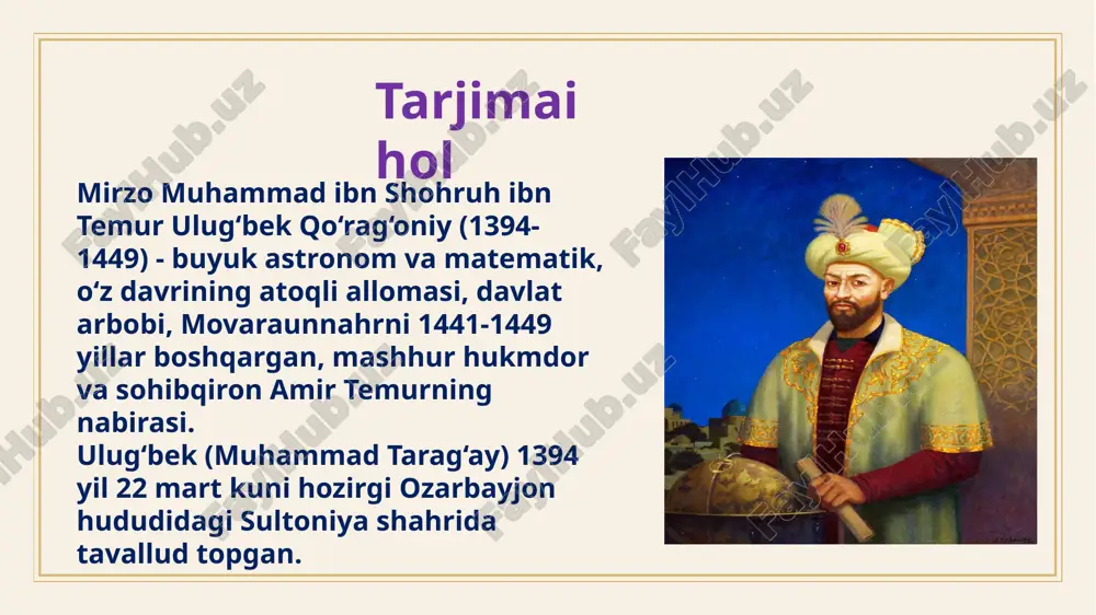 aniqli astronom va matematiklarni birlashtirgan butun bir ilmiy maktab vujudga keldi. u vaqtlar samarqandda o‘rta osiyo tarixi haqida ajoyib asar yozgan tarixshunos hofiziy abru, taniqli shifokor mavlono nefis, shoirlar sirojiddin samarqandiy, sakkokiy, lutfiy, badaxshiy va boshqalar yashagan. ular insoniyat aqli, fanning kuchiga ishongan o‘z davrining ilg‘or shaxslari bo‘lishgan. 1417-1420 yillar ulug‘bek samarqandda madrasa qurdirib, registonda barpo etilgan birinchi me’moriy ansamblga aylanadi. ushbu madrasaga ulug‘bek islom olamining ko‘plab astronom va matematiklarini taklif etadi. qolgan ikkita madrasa g‘ijduvon va buxoroda qurilgan. ulug‘bek tomonidan qurilgan madrasalar universitet vazifasini bajargan. ulug‘bekning buxoroda qurdirgan madrasasi peshtoqida “ilmga intilish har bir musulmon uchun farzdir” yozuvi saqlanib qolgan. ammo ulug‘bekning katta ishtiyoqi - bu astronomiya bo‘lgan. ulug‘bek hayotining mazmuni va qozizoda rumiy, jamshid g‘iyosiddin al koshiy, ali qushchi kabi astronom izdosh-olimlar rasadxona qurilishiga turtki bo‘lgan. etiboringiz uchun raxmat image1.jpg image2.png image3.svg image5.jpeg image6.jpeg image7.png image8.jpeg image9.jpeg .msftofcthm_background2_fill { fill:#d8b97a; }