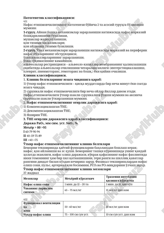 i va alveolalar bilan bog'liq sabablar: hushsiz holatdagi obstruktiv apnoe, tovush boylamlari falaji, bronxial astma, bronxoobstruktiv sindrom, massiv pnevmoniya, respirator distress sindrom. 6. yurak qon-tomir tizimi bilan bog'liq sabablar: • o'pkaning kadiogen shishuvi; • o'pka arteriyasining emboliyasi. 7. boshqa turli sabablar: • yog' emboliyalari; • ilon chaqishi; • stranrangulyatsion. o'tkir nafas etishmovchiligi klassifikatsiyasi. nafas etishmovchiligining tasnifi uning sababi kabi ko'pdir. nafas etishmovchiligi uning etiologik faktorlariga, patogenetik mexanizmlariga, og'irlik darajasiga, klinik ko'rinishlariga va davolash jarayoniga qarab tasnifga bo'linadi. etiologik klassifikatsiyasi: 1. o'pkaning birlamchi jarohatlanishi bilan; 2. o'pkaning ikkilamchi jarohatlanishi; 3. o'pkaga bog'liq bo'lmagan. patogenetik klassifikatsiyasi: 451 nafas etishmovchiligining patogenezi bo'yicha 2 ta asosiy guruhga bo'linishi mumkin: 1-guruh: aynan boshqa mexanizmlar zararlanishi natijasida nafas markaziy boshqarilishini buzilishi, mushaklar jarohatlanishi; qon tizimi kasalliklari; qon aylanish tizimi buzilishi. 2-guruh: o'pka mexanizmlari zararlanishi natijasida markaziy va periferik nafas yo'llarining obstruktsiyasi; o'pka kapillyarlarining zararlanishi; o'pka to'qimasining kamayishi; alveolalar restriktsiyasi – alveolo-kapillyar membrananing qalinlashishi oqibatida alveolalar ochilishini …