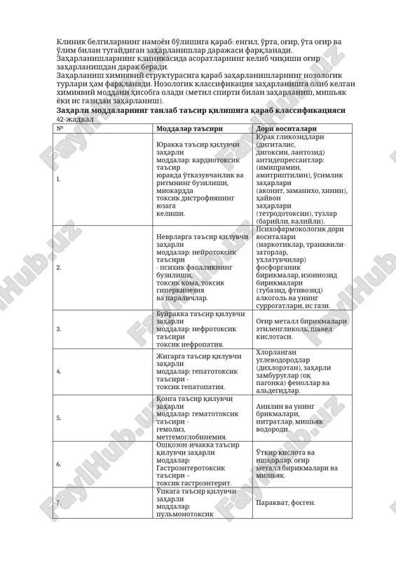 lari farqlanadi: 1. peroral – og'iz orqali, ko'pincha maishiy zaharlanishlarda uchraydi. 2. ingalyatsion – nafas yo'llari orqali, ko'pincha ishlab chiqarishdagi zaharlanishlarda uchraydi. 3. teri orqali zaharlanishlar. 4. in'ektsion zaharlanishlar ham farqlanadi – zahar moddalarni organizmga sanchib kiritish – ilon, chayon, hasharotlar chaqishi va zaharli moddalarni (narkotiklarni) in'ektsiya qilish. 5. zaharli moddalar to'g'ri ichakka va quloqqa tushishi oqibatida zaharlanish. 504 klinik kechishiga qarab o'tkir va surunkali zaharlanishlar farqlanadi. klinik belgilarning namoyon bo'lishiga qarab: engil, o'rta, og'ir, o'ta og'ir va o'lim bilan tugaydigan zaharlanishlar darajasi farqlanadi. zaharlanishlarning klinikasida asoratlarning kelib chiqishi og'ir zaharlanishdan darak beradi. zaharlanish ximiyaviy strukturasiga qarab zaharlanishlarning nozologik turlari ham farqlanadi. nozologik klassifikatsiya zaharlanishga olib kelgan ximiyaviy moddani hisobga oladi (metil spirti bilan zaharlanish, mishyak yoki is gazidan zaharlanish). zaharli moddalarning tanlab ta'sir qilishiga qarab klassifikatsiyasi 42-jadval № moddalar ta'siri dori vositalari 1. yurakka ta'sir qiluvchi zaharli moddalar: kardiotoksik ta'sir yurakda o'tkazuvchanlik va ritmning buzilishi, miokardda toksik distrofiyaning yuzaga …