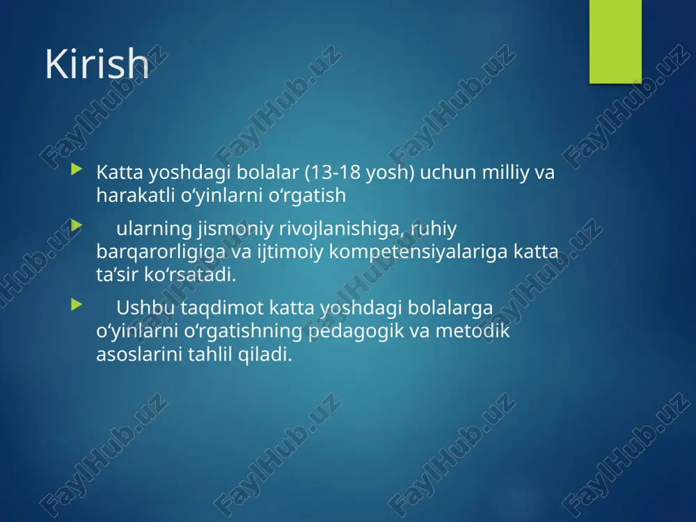 3. **tahlil va muhokama**: o‘yinlar natijasini tahlil qilish orqali bilimni mustahkamlash. harakatli o‘yinlarning sog‘liqka ta’siri - **jismoniy mustahkamlik**: yurak-qon tomir tizimi yaxshilanadi. - **metabolizmni tezlashtirish**: faollik ortishi orqali semizlikning oldini olish. - **psixologik barqarorlik**: stress va asabiylikni kamaytirish. jamoaviy o‘yinlarning roli - **hamkorlik va ishonch**: jamoada ishlash va o‘zaro hurmatni shakllantirish. - **liderlik va boshqaruv qobiliyatlari**: yetakchilik fazilatlarini rivojlantirish. - **raqobat va muloqot**: sog‘lom raqobatni shakllantirish. innovatsion yondashuvlar - **virtual va real o‘yinlar kombinatsiyasi**: harakatga asoslangan interaktiv texnologiyalar. - **dasturiy ta’minot va simulyatorlar**: sport va harakatli o‘yinlarni virtual tarzda o‘rganish imkoniyatlari. ota-onalar va pedagoglarning roli - **qo‘llab-quvvatlash va rag‘batlantirish**: ota-onalar va o‘qituvchilar bolalarni o‘yinlarga jalb qilishi kerak. - **nazorat va yetakchilik**: bolalarning o‘yin davomida xavfsizligini ta’minlash. - **motivatsiyani oshirish**: o‘yin jarayonini qiziqarli va rag‘batlantiruvchi usullar bilan boyitish. o‘yinlar orqali rivojlanish - **tashabbuskorlik va kreativ fikrlash**: o‘yinlar orqali mustaqil qaror qabul qilish. - **jismoniy va ruhiy muvozanat**: sport orqali sog‘lom turmush …