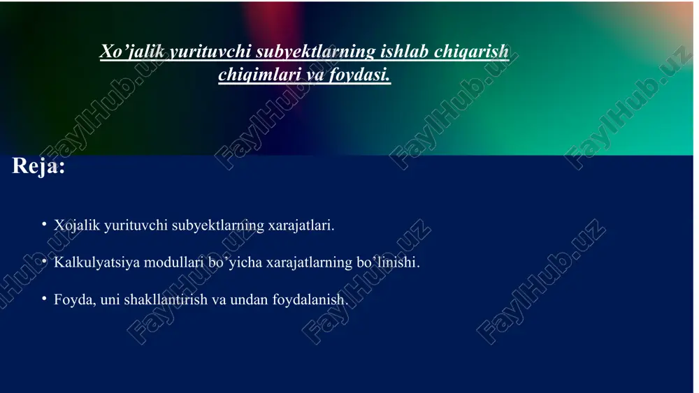 • mahsulotlami tayyorlash, saqlash va yetkazib berish, ishlami bajarish, xizmatlami ko'rsatish, tovar (ish, xizmat, mulkiy huquq) larni sotib olish va realizatsiya qilish xarajatlari; • asosiy vositalar va boshqa mol-mulklami saqlash va ekspluatatsiya qilish, ta’mirlash va texnik xizmat ko'rsatish, shuningdek, ularni tuzatilgan holatda saqlab turish xarajatlari; • tabiiy resurslami o'zlashtirish xarajatlari; • ilmiy-tadqiqot va tajriba-konstruktorlik ishlanmalari bilan bog'liq xarajatlar; • majburiy va ixtiyoriy sug'urta xarajatlari; • ishlab chiqarish va realizatsiya bilan bog'liq boshqa xarajatlar. xyus faoliyatining shart-sharoitlari va yo'nalishlariga bog'liq ravishda xarajatlar quyidagi ikki yirik guruhga bo'linadi: -ishlab chiqarish va realizatsiya bilan bog'liq bo'lgan xarajatlar; -realizatsiyadan tashqari xarajatlar; kalkulyatsiya modullari bo’yicha xarajatlarning bo’linishi. • xom-ashyo va materiallar; • qaytariluvchi chiqindilar; • texnologik maqsadlar uchun yoqilg'i va energiya; • asosiy ishlab chiqarish ishchilarining asosiy va qo'shimcha ish haqlari; • yagona ijtimoiy soliqqa hisoblashlar; • mashina va dastgohlarni saqlash xarajatlari; • umumishlab chiqarish xarajatlari; • umumxo'jalik xarajatlari; • boshqa ishlab chiqarish xarajatlari; • …