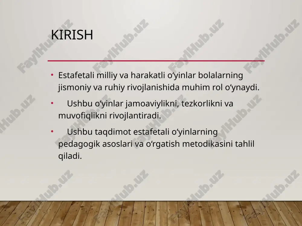vvatlash. estafetali o‘yinlarning ruhiy ta’siri - **stress va tashvishlarni kamaytirish**: jismoniy faollik orqali ruhiy barqarorlik. - **ishonch va yetakchilik qobiliyatlarini rivojlantirish**: o‘yin jarayonida faol ishtirok. - **o‘ziga bo‘lgan ishonchni oshirish**: jismoniy yutuqlar orqali motivatsiya. innovatsion o‘quv usullari - **raqamli texnologiyalar yordamida o‘yinlarni kuzatish**. - **interfaol o‘yinlar va virtual simulyatorlar**. - **jamoaviy ishlash va strategik rejalashtirish mashqlari**. jamoaviy o‘yinlar orqali ijtimoiylashuv - **muloqot va o‘zaro tushunishni shakllantirish**. - **tashabbuskorlik va muammolarni hal qilish qobiliyatini rivojlantirish**. - **jamoa bilan ishlash tajribasini orttirish**. pedagoglar uchun tavsiyalar - **individal yondashuv**: har bir bola imkoniyatlarini hisobga olish. - **rag‘batlantirish va qo‘llab-quvvatlash**: o‘quvchilarning faolligini oshirish. - **o‘yinlarni mashg‘ulotlarga integratsiya qilish**: estafetali o‘yinlarni darslarga kiritish. ota-onalarning roli - **uy sharoitida o‘yinlarga e’tibor qaratish**. - **sport tadbirlarida ishtirok etish va qo‘llab-quvvatlash**. - **farzandning jismoniy rivojlanishini kuzatish va rag‘batlantirish**. estafetali o‘yinlar orqali barkamol avlod tarbiyasi - **yetakchilik va mas’uliyat hissini shakllantirish**. - **sog‘lom va faol turmush tarzini targ‘ib qilish**. …