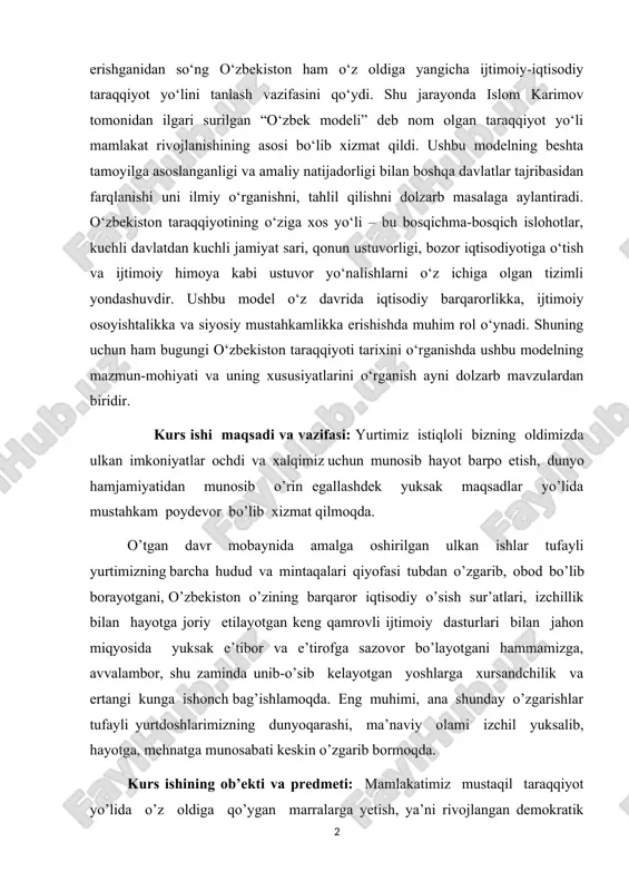 b xizmat qilmoqda. o’tgan davr mobaynida amalga oshirilgan ulkan ishlar tufayli yurtimizning barcha hudud va mintaqalari qiyofasi tubdan o’zgarib, obod bo’lib borayotgani, o’zbekiston o’zining barqaror iqtisodiy o’sish sur’atlari, izchillik bilan hayotga joriy etilayotgan keng qamrovli ijtimoiy dasturlari bilan jahon miqyosida yuksak e’tibor va e’tirofga sazovor bo’layotgani hammamizga, avvalambor, shu zaminda unib-o’sib kelayotgan yoshlarga xursandchilik va ertangi kunga ishonch bag’ishlamoqda. eng muhimi, ana shunday o’zgarishlar tufayli yurtdoshlarimizning dunyoqarashi, ma’naviy olami izchil yuksalib, hayotga, mehnatga munosabati keskin o’zgarib bormoqda. kurs ishining ob’ekti va predmeti: mamlakatimiz mustaqil taraqqiyot yo’lida o’z oldiga qo’ygan marralarga yetish, ya’ni rivojlangan demokratik davlatlar qatoriga kirish, xalqimizning hayot sifati va darajasini yuksaltirish va yurtimizning jahon hamjamiyatida munosib o’rin egallashida avvalo juda tez o’zgarib borayotgan bugungi zamon bilan hamnafas bo’lib, ertaga yo’limizda paydo bo’lishi mumkin bo’lgan turli muammo va tahdidlarni bartaraf etish haqida doimo o’ylab yashash zaruratini hayotning o’zi talab qilmoqda. shu muqaddas zaminda yashab o’tgan qancha-qancha ajdodlarimizning asriy orzusi …