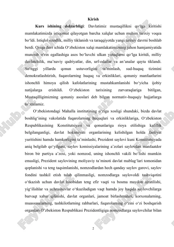 qo‘yilgani, saylov komissiyalarining a’zolari saylovdan manfaatdor biron bir partiya a’zosi, yoki nomzod, uning ishonchli vakili bo‘lishi mumkin emasligi, prezident saylovining moliyaviy ta’minoti davlat mablag‘lari tomonidan qoplanishi va teng taqsimlanishi, nomzodlardan hech qanday saylov garovi, saylov fondini tashkil etish talab qilinmasligi, nomzodlarga saylovoldi tashviqotini o‘tkazish uchun davlat hisobidan teng efir vaqti va bosma maydon ajratilishi, yig‘ilishlar va uchrashuvlar o‘tkaziladigan vaqt hamda joy haqida saylovchilarga barvaqt xabar qilinishi, davlat organlari, jamoat birlashmalari, korxonalarning, muassasalarning, tashkilotlarning rahbarlari, fuqarolarning o‘zini o‘zi boshqarish organlari o‘zbekiston respublikasi prezidentligiga nomzodlarga saylovchilar bilan uchrashuvlar o‘tkazishni tashkil etishda, zarur ma’lumot va axborot materiallari olishda yordam ko‘rsatishlari shartligi kabilarda ko‘rishimiz mumkin. mustaqillik yillari davomida barcha jabhalarda, jumladan, taʼlim-tarbiya, ilm-fan, madaniyat va sanʼat, sogʻliqni saqlash, sport, ijtimoiy, iqtisodiy, maʼnaviyat sohalarida, turmush tarzimiz mazmunida tub oʻzgarishlar bo’ldi.”inson manfaatlari -oliy qadriyat” shiori oʻrtaga tashlandi. insonning eng ustuvor va muqaddas huquqlaridan biri–bu tinch yashash huquqi ekani, davlat va jamiyatning burchi ana shu huquqni barcha …