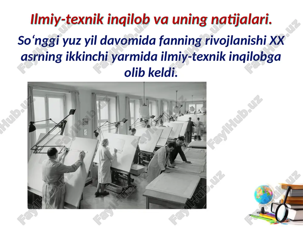 telefonlarni yaratish ustida ish boshlagan edi. 1969-yili internetning o‘tmishdoshi arpanet yaratildi. 1972-yili e-mail (elektron pochta) paydo bo‘ldi. san’at. xx asrning ikkinchi yarmida san’atda abstraksionizm (abstraksiya-mavhum) yo‘nalishi keng ommalashdi. abstraksionizm fotografiya san’atining rivojlanishiga o‘ziga xos javob tarzida paydo bo‘ldi. abstraksionizmga qarama-qarshi ravishda pop-art (ommaviy san’at) paydo bo‘ldi va tezda yevropaga tarqaldi. pop-art ixlosmandlarining fikricha, dunyodagi har qanday buyum o‘zining dastlabki iste’molchilik ahamiyatini yo‘qotib, badiiy, estetik sifat kasb etishi mumkin. pop-art adabiyot. urushdan keyin bir qator yozuvchilarning romanlari urushni badiiy usullar bilan anglashga bag‘ishlandi. bayon qilishning realistik shakli xx asrning yangi adabiy yo‘nalishi – ommaviy adabiyotda o‘ziga yo‘l topdi. bu – bozorning barcha qonunlarga rioya qiladigan, xari dorlarning turli qatlamiga mo‘ljallangan adabiy tovar. bu o‘zining ochiq tijoriy xarakteri, ko‘ngilochar funksiyasi va voqealar rivojining oldindan ma’ lumligi bilan xx asr birinchi yarmidagi adabiyotdan salbiy jihatlari bilan farq qiladi. savol va topshiriqlar 1. kapitalizmning postindustrial davrida ilmiy-texnik taraqqiyot qanday bosqichlarni o‘z ichiga oladi? 2. …