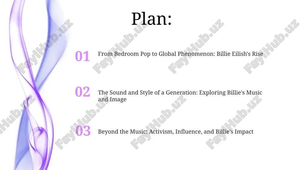 es, embracing baggy clothing, challenged conventional hyper-sexualized female pop star images. she normalized comfort over image, influencing 85% of young fans to embrace diverse styles. eilish's genre-bending music, blending pop, electronic, and alternative influences, resonated with gen z. this created a relatable space addressing mental health struggles, garnering over 100 million followers on instagram. billie eilish today: future directions billie eilish is actively exploring directing; she's aiming to helm at least 2 music videos in the upcoming year, experimenting with narrative and visual techniques, expanding her artistic control. focusing on sustainability, eilish aims for 80% of her merchandise to utilize recycled materials by 2025, minimizing environmental impact through responsible production and eco-conscious partnerships. thank you for your attention image4.jpg image5.jpg image6.jpg image7.jpg image8.jpg image9.jpg image1.jpeg image2.jpeg image3.jpeg