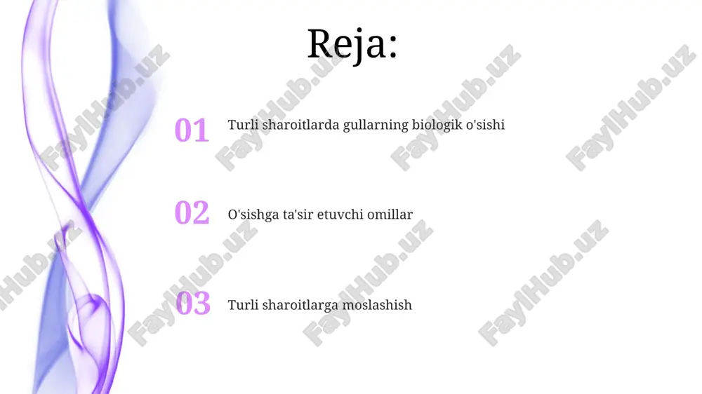 ligini pasaytiradi, chunki 35°c dan yuqori haroratda fermentlar denaturatsiyalanadi, natijada o'simlikning o'sishi va gullashiga salbiy ta'sir ko'rsatadi. suvning ta'siri suvning yetishmasligi o'simliklarda turgor bosimining pasayishiga olib keladi, bu esa hujayralarning cho'kishiga va fotosintez darajasining 50% gacha kamayishiga olib kelishi mumkin. suvning haddan tashqari ko'pligi tuproqda kislorod miqdorini kamaytiradi, bu esa ildizlarning nafas olishini cheklaydi va anaerob sharoitda zamburug'li kasalliklar rivojlanishiga olib keladi. tuproqning ta'siri tuproqning ph darajasi, masalan, 6.0 dan 7.0 gacha bo'lgan neytral tuproqlar, o'simliklarning ozuqa moddalarini qabul qilishiga ta'sir etib, gullash sifatini yaxshilaydi. tuproqning tarkibi, 10-20% organik moddalar bilan boyitilgan tuproqlar suvni ushlab turish va havo almashinuvini ta'minlab, ildizlarning o'sishini va gullashni kuchaytiradi. o'g'itlarning ta'siri azot (n) o'g'itlari barglarning o'sishini ta'minlaydi, ammo me'yoridan ortiqcha miqdor gullashni susaytirishi mumkin, chunki energiya ko'proq vegetativ o'sishga yo'naltiriladi. o'g'itlarning optimal miqdori, masalan, 10-20-10 npk formulasi, gullashni rag'batlantiradi, chunki fosfor (p) gul kurtaklari shakllanishi uchun muhim hisoblanadi. turli sharoitlarda o'sish har xil tuproq …