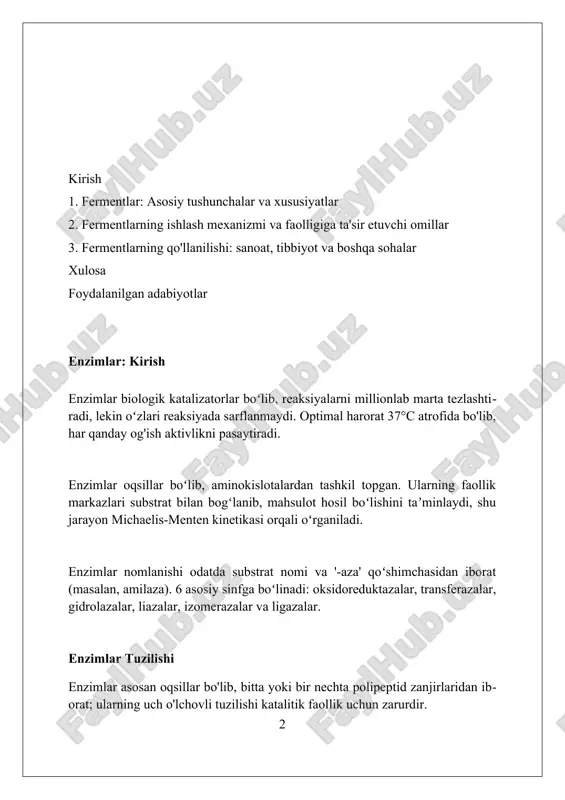 lanishi mumkin. enzim-substrat kompleksi ferment-substrat kompleksi hosil bo'lishi fermentning faol markazida substrat bilan o'zaro ta'sirlashuvni o'z ichiga oladi, bu esa 10^3 dan 10^8 gacha tezlikni oshiradi. kompleks hosil bo'lishida elektrostatik kuchlar, vodorod bog'lanishlari va van der vaals kuchlari kabi 4 turdagi bog'lanish muhim rol o'ynaydi, bu esa substratning barqarorligini ta'minlaydi. ferment-substrat kompleksi hosil bo'lishi katalitik reaksiya uchun zarur bosqichdir, bu jarayonda aktiv energiya kamayadi va mahsulot hosil bo'lishi 10-12 sekunddan kamroq vaqtni oladi. faol markaz "faol markaz" fermentning katalitik faolligi eng yuqori bo'lgan, substrat bilan bog'lanishni ta'minlovchi va reaksiya mexanizmini optimallashtiruvchi uch o'lchovli mintaqadir. faol markaz odatda ferment molekulasining kichik qismini tashkil etadi, lekin u 10 dan 20 gacha aminokislota qoldiqlarini o'z ichiga oladi va reaksiyada bevosita ishtirok etadi. fermentning faol markazidagi aminokislotalar substrat bilan kovalent yoki kovlanmagan (masalan, ion, vodorod bog'lanishi) bog'lanishlar orqali o'zaro ta'sirlashib, barqaror kompleks hosil qiladi. enzimlarning xususiyatlari fermentlar yuqori darajada spetsifik boʻlib, har bir ferment …