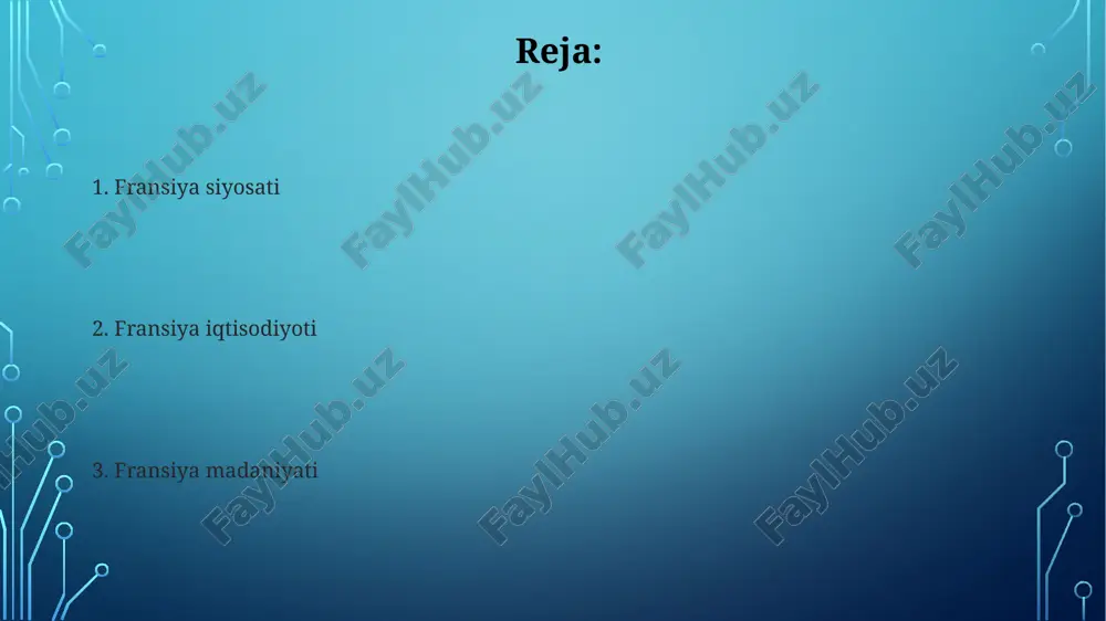 ylaridan biri boʻlib, unda 35 000 dan ortiq san'at asarlari, jumladan mona liza va milos venerasi namoyish etiladi. fransiyaning tashqi siyosati fransiya yevropa ittifoqining asosiy aʼzosi sifatida blokning tashqi siyosatida muhim rol oʻynaydi va umumiy xavfsizlik hamda mudofaa siyosatini shakllantirishga hissa qoʻshadi. fransiyaning afrika bilan tarixiy aloqalari uning tashqi siyosatining muhim yoʻnalishi boʻlib qolmoqda, fransiyaning sobiq koloniyalari bilan iqtisodiy va siyosiy aloqalari mustahkam. fransiyaning yevropa ittifoqidagi o’rni fransiya yevropa ittifoqining asosiy aʼzosi sifatida, iqtisodiy qudrat, strategik ahamiyat va diplomatik taʼsir doirasida germaniya bilan yetakchilik uchun raqobatlashadi. fransiya yevropa ittifoqining byudjetiga katta hissa qoʻshadi. qishloq xoʻjaligi siyosati va farmatsevtika masalalari boʻyicha yevropa ittifoqi darajasida muhim qarorlar qabul qilinadi. fransiya va o’zbekiston o’rtasidagi aloqalar 1992-yil 3-martda fransiya o’zbekiston respublikasining mustaqilligini tan oldi va 1992-yilning 10-aprelida ikki davlat o’rtasida diplomatik aloqalar o’rnatildi. fransiya o’zbekistonga yevropa ittifoqining tacis dasturi doirasida yordam ko’rsatadi, bu ikki davlat o’rtasidagi iqtisodiy hamkorlikning muhim omilidir. fransiyaning qurolli kuchlari fransiya …
