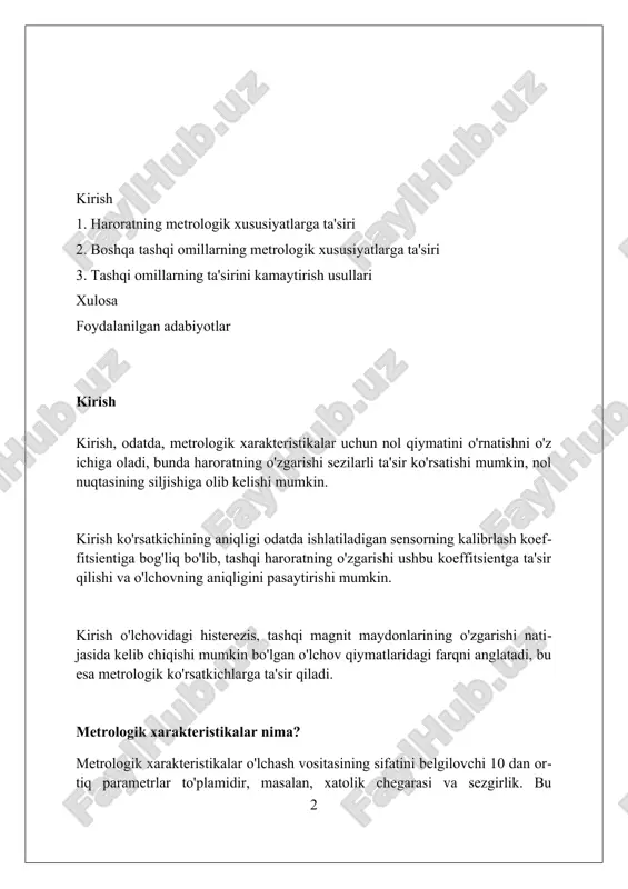 omponentlar qarshiligini o'zgartirib, 0.01% aniqlikdagi o'lchovlarda ham o'zgarishlarga olib kelishi mumkin. suyuqlik zichligi harorat bilan o'zgaradi, shuning uchun kalibrlash 25°c da amalga oshirilishi kerak, chunki undan chetga chiqish hajmlarni aniq o'lchash uchun tuzatishlarni talab qiladi, bu esa 0,5% farqni keltirib chiqaradi. boshqa tashqi omillar (namlik, bosim, vibratsiya) yuqori namlik korroziyaga olib kelishi va elektr izolyatsiyasini kamaytirishi mumkin, o'lchash moslamalarida 10% dan ortiq xato paydo bo'lishi mumkin, ayniqsa 25 daraja haroratda. atmosfera bosimining o'zgarishi, masalan, 10 kpa ga, o'lchash uskunalarida, ayniqsa gaz o'lchagichlarda sezilarli farq, 0.5% dan ortiq og'ishlarni keltirib chiqarishi mumkin. vibratsiya, ayniqsa 5 hz dan yuqori chastotalarda, sensorlarning noto'g'ri ishlashiga olib kelishi, ko'rsatkichlarda 2% gacha o'zgarish va mexanik shikastlanishga olib kelishi mumkin. namlikning ta'siri namlikning yuqori darajalari materiallarning kengayishiga olib kelishi mumkin, bu esa o'lchov aniqligiga ta'sir qiladi, ayniqsa 20°c dan yuqori haroratlarda sezilarli o'zgarishlar kuzatiladi. namlik sensorlarining o'zlari namlikka bog'liq xatoliklarni keltirib chiqarishi mumkin, ayniqsa 60% nisbiy namlikdan …