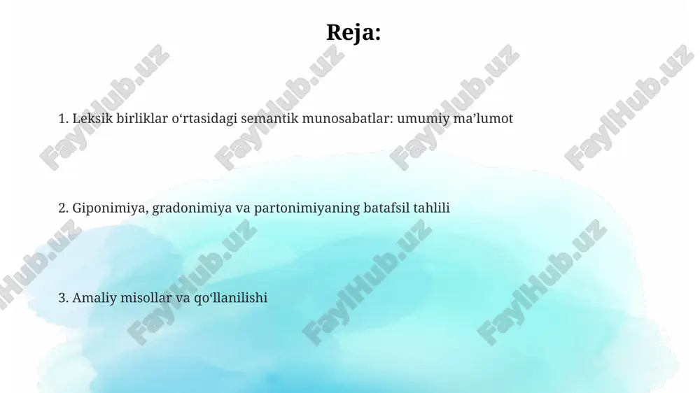ponimiya: ta'rif va misollar giponimiya – bu 'x' leksemasi 'y' leksemasining bir turi ekanligini anglatuvchi semantik munosabat. masalan, 'atirgul' 'gul'ning giponimidir, chunki atirgul gulning bir turidir. giponimiya munosabatida, umumiy leksema (gul) giperonim, xususiy leksema (atirgul) esa giponim deyiladi. bir giperonimga bir nechta giponimlar (lola, romashka, binafsha) tegishli bo'lishi mumkin. giponimiyaning ahamiyati shundaki, u so'zlarning ma'no ierarxiyasini tuzishga yordam beradi. bu ierarxiya leksik semantikaning asosiy tushunchalaridan biri bo'lib, tilshunoslikda keng qo'llaniladi. giponim va giperonim giperonim "transport" so'zi bo'lib, u "avtomobil", "poyezd", "samolyot" kabi 3 ta giponimni o'z ichiga oladi; bunda giperonim kengroq, umumiy ma'noni anglatadi. giponim, masalan, "olma" so'zi, "meva" giperonimining bir turi bo'lib, u umumiyroq tushunchadir; giponimlar giperonimlar ichida 1-darajali kichik toifalarni ifodalaydi. giponimlar giperonimlar bilan "a is a kind of b" munosabatida bo'ladi; misol uchun, "it" (giponim) "hayvon" (giperonim)ning bir turi bo'lsa, bu aloqa 1 ta muhim semantik qoidadir. giponimik zanjirlar giponimik zanjirlarning chuqurligi cheksiz bo'lishi mumkin, ammo amalda …
