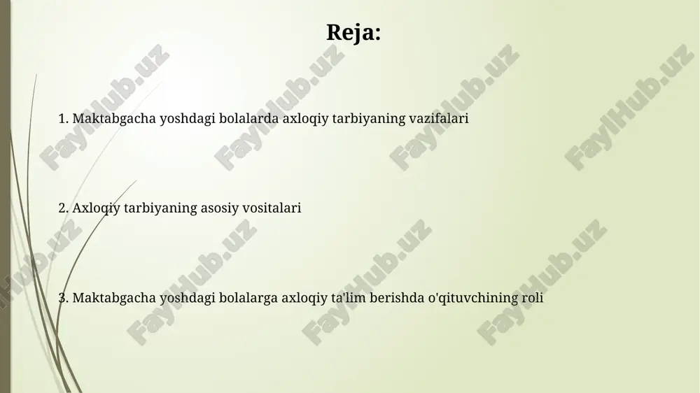 riladi. yomonlik, adolatsizlik kabi tushunchalar 4 yoshdan boshlab, 2 ta oddiy misollar yordamida, masalan, o'yinchoqni tortib olishning yomonligi orqali tushuntiriladi. axloqiy tarbiya usullari va yondashuvlari "hikoya qilish" usuli: 3-5 yoshdagi bolalarga axloqiy tushunchalarni shakllantirishda muhim rol o'ynaydi, hikoyalar orqali yaxshi va yomonni ajratishga o'rgatadi. "o'yinli mashqlar" yondashuvi orqali bolalarda 4 ta asosiy axloqiy fazilatlar: mehribonlik, adolat, halollik va mas'uliyatni rivojlantirish uchun qulay sharoit yaratiladi. o'yinlar orqali axloqiy tarbiya o'yinlar orqali axloqiy tarbiya 3-6 yoshdagi bolalarda do'stlik, hamkorlik va adolat kabi axloqiy tushunchalarni shakllantirish uchun samarali vositadir. rollarga asoslangan o'yinlar, masalan 'doktor', bolalarga boshqalarga g'amxo'rlik qilish va empatiya ko'nikmalarini rivojlantirishga yordam beradi, bu esa axloqiy rivojlanishning 1-bosqichidir. ertaklar va hikoyalar orqali axloqiy tarbiya ertaklar orqali bolalar 3 yoshdan boshlab yaxshi va yomon tushunchalarini ajrata olishni o'rganadilar, 4-5 yoshda esa oqibatlarini anglaydilar. hikoyalar bolalarda 2-6 yosh oralig'ida empatiya, hamdardlik kabi axloqiy fazilatlarni shakllantirishda muhim rol o'ynaydi, ularning 80% qismida ijobiy qahramonlar mavjud. …