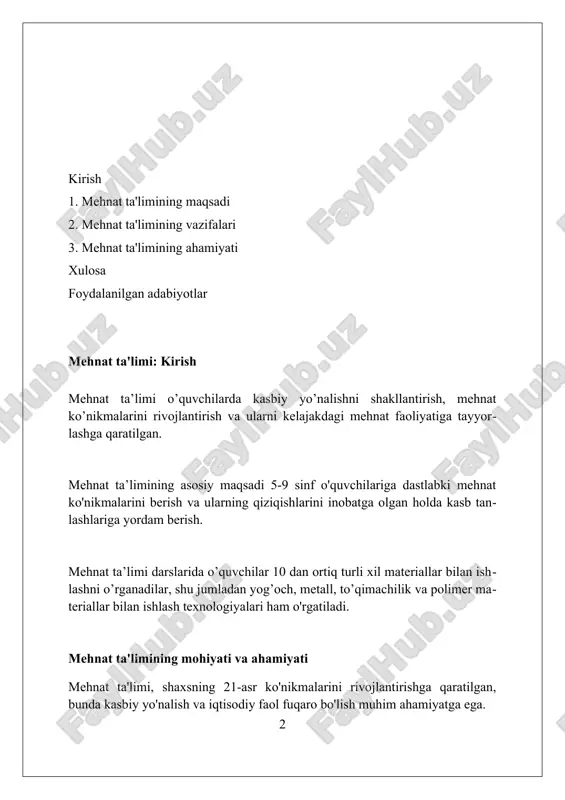 ularni amaliyotga tadbiq etish orqali muammolarni hal etish ko'nikmalarini egallaydilar. mehnat ta'limining vazifalari mehnat ta'limining asosiy vazifalaridan biri o'quvchilarni 21-asr ko'nikmalariga, jumladan, muammolarni hal qilish va tanqidiy fikrlashga tayyorlashdir. mehnat ta'limi yosh avlodni milliy va umuminsoniy qadriyatlar ruhida tarbiyalash, ularda mehnatga hurmat va kasbiy yo'nalishni shakllantirishga qaratilgan muhim vazifadir. o'quvchilarga turli xildagi kasblar haqida ma'lumot berish, ularning qiziqishlari va imkoniyatlariga mos keladigan kasbni tanlashlariga ko'maklashish mehnat ta'limining muhim vazifasidir. mehnat ta'limining prinsiplari mehnat ta’limi 1-prinsipi bolalarning yosh va individual xususiyatlarini hisobga olishni talab qiladi, bunda 6 yoshdan 18 yoshgacha bo'lgan o'quvchilarning qobiliyatlari inobatga olinadi. mehnat ta’limi 2-prinsipi uning ilmiyligi va amaliyligi bilan belgilanadi, bunda nazariy bilimlar 70% amaliy mashg’ulotlar bilan mustahkamlanib, 30% ga yaqin nazariy ma’lumot beriladi. mehnat ta’limi 3-prinsipi kasbga yo’naltirishni o’z ichiga oladi, o'quvchilarga 100 dan ortiq kasblar haqida ma'lumot berib, ularning qiziqishlariga mos keladigan 2-3 kasbni tanlashga yordam beradi. mehnat ta'limining shakllari va metodlari mehnat ta’limi shakllari …