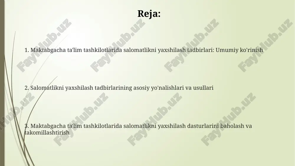 ismoniy rivojlanish darajasi (testlar orqali aniqlanadi), ovqatlanish sifat ko'rsatkichlari va psixoemotsional holati (so'rovnomalar orqali) kiritiladi, ularning dinamikasi kuzatiladi. maktabgacha ta'lim tashkilotlarida sog'lomlashtirish tadbirlarining samaradorligini baholashda, 5 asosiy ko'rsatkich, masalan, kasallanish darajasi 15% kamayishi, muntazam tekshiruvlar qamrovini 90% ga yetkazish muhim. sog'lomlashtirish tadbirlarini takomillashtirishda, 2 marta yil davomida pedagoglar uchun malaka oshirish kurslarini tashkil etish, sanitariya normalari buzilishining 10% gacha kamaytirilishiga erishish zarur. e'tiboringiz uchun rahmat image1.png