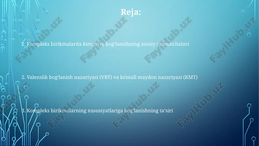 d-orbitallarini parchalab, spektroskopik xususiyatlar va magnit xususiyatlar kabi 3d metall komplekslarining rangini tushuntiradi. kristall maydonini barqarorlashtirish energiyasi (cfse) tetraedrik komplekslarda oktaedrik komplekslarga qaraganda pastroq, bu ularning ligand joylashuvi va d-orbital parchalanish tartibi bilan bog'liq. e'tiboringiz uchun rahmat image3.png image1.png image2.png