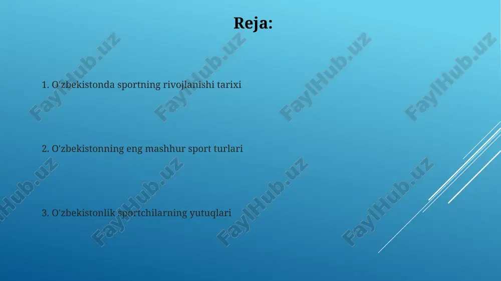 esa xalqaro musobaqalarni o'tkazish imkoniyatini oshirdi. sport ta'limi va yoshlar sporti o'zbekistonda sport ta'limi 14 ta ixtisoslashtirilgan maktab-internatlarni o'z ichiga oladi, ularda yosh sportchilar 11 xil sport turi bo'yicha chuqurlashtirilgan ta'lim oladi. yoshlar sporti uch bosqichli tizimga ega: bolalar-o'smirlar sport maktablari (bo'sm), ixtisoslashtirilgan bo'sm va olimpiya zaxiralari kollejlari, qamrov 6 yoshdan 18 yoshgacha. sportni rivojlantirish bo'yicha davlat siyosati o'zbekistonda 2022-2026 yillarga mo'ljallangan yangi o'zbekistonning taraqqiyot strategiyasida sportni ommalashtirish va professional sportchilarni qo'llab-quvvatlash muhim yo'nalishlardan biri sifatida belgilangan. davlat sport siyosati doirasida “har bir oila – bir sportchi” tamoyiliga asoslangan dasturlar amalga oshirilmoqda, bunda aholining barcha qatlamlari uchun sport bilan shug'ullanish imkoniyatlari kengaytirilmoqda. e'tiboringiz uchun rahmat image1.png image2.jpg image3.jpg image4.jpg image5.jpg image6.jpg image7.jpg image8.jpg