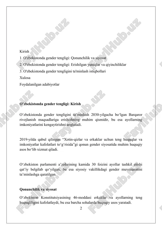 gligi o'zbekistonda ayollar ishchi kuchining 45% dan ortig'ini tashkil etadi, ammo ular odatda qishloq xo'jaligi va ta'lim kabi kam maoshli sohalarda ishlaydi. gender tengsizligi ko'rsatkichlari bo'yicha o'zbekiston mdh davlatlari orasida yuqori o'rinlarda turadi, lekin so'nggi yillarda vaziyat yaxshilanmoqda. o'zbekistonda ayollar uchun rasmiy pensiya yoshi erkaklarnikidan pastroq (55 yosh), bu esa mehnat bozorida tenglikni ta'minlashga xalaqit beradi. siyosiy ishtirok o'zbekistonda 2021-yilgi saylovlardan so'ng ayollar parlament a'zolarining 32 foizini tashkil etdi, bu avvalgi ko'rsatkichlardan sezilarli o'sishni ko'rsatadi. 2019-yilda qabul qilingan qonun ayollarning davlat boshqaruvi va siyosiy hayotda ishtirokini oshirish uchun kamida 30 foizlik kvotani belgilaydi. ayollar uchun respublika komissiyasi siyosiy ishtirokni kuchaytirish,gender tengligini ta'minlash maqsadida davlat dasturlarini ishlab chiqishda faol ishtirok etadi. ayollarga nisbatan zo'ravonlikka qarshi kurash 2023-yilda «himoya tartibi» to‘g‘risidagi qonun qabul qilindi, bu zo‘ravonlikdan jabrlanganlarga davlat himoyasini ta’minlab, tibbiy va psixologik yordam ko‘rsatishni nazarda tutadi. o‘zbekistonda ayollarga nisbatan zo‘ravonlikka qarshi kurash doirasida 116-09 ishonch telefoni xizmati mavjud bo‘lib, jabrlanganlarga psixologik …