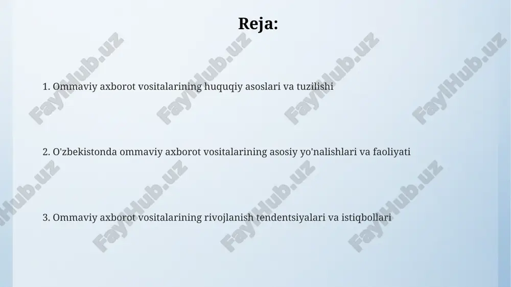 qatish tendensiyalari kuzatilmoqda. uzbekistonda 2030-yilgacha oav erkinligini ta'minlash, jurnalistlarning huquqlarini himoya qilish va media savodxonligini oshirish istiqbollari dolzarb vazifalardan hisoblanadi. e'tiboringiz uchun rahmat image4.png image5.png image1.jpeg