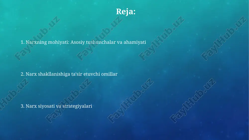 sita bog'liq bo'lib, narx belgilashda ularning umumiy hajmi rentabellikni aniqlaydi. doimiy xarajatlar (ijara, maosh) ishlab chiqarish hajmiga bog'liq emas, lekin narxga ta'sir qiladi, chunki ularni qoplash uchun har bir birlik narxi oshiriladi. raqobatning narx siyosatiga ta'siri raqobat sharoitida narx siyosati elastik bo'ladi, bozorda 2-3 raqobatchi mavjud bo'lganda, xarajatlar + 10-15% foyda asosida shakllanadi. yuqori raqobatda kompaniyalar narxlarni pasaytirishga majbur bo'ladi, bu esa 5-10% minimal foyda marjasiga olib keladi va xarajatlarni optimallashtirishni talab qiladi. narx belgilash usullari: xarajatlar asosida xarajat plyus narx belgilashda, umumiy xarajatlarga (ishlab chiqarish, marketing, ma'muriy) belgilangan foyda marjasi (masalan, 15%) qo'shiladi, narxni aniqlash uchun. rentabellikka yo'naltirilgan narx belgilashda, kompaniya ma'lum bir rentabellik ko'rsatkichiga (roi) erishish uchun mahsulot narxini hisoblaydi, masalan, 20% kapital qo'yilmalardan. narx belgilash usullari: talab asosida talab asosidagi narx belgilash usullari iste'molchilarning to'lashga tayyor bo'lgan maksimal summasi (to'lovga tayyorlik) va qabul qilinadigan narx diapazoniga tayanadi. diskriminatsion narx belgilashda, bir xil mahsulot turli xil mijozlar segmentlariga …
