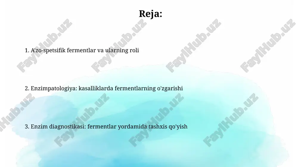 rak spetsifik fermentlari: ck, troponin kreatin kinazasi (ck) ning mb izoformasi yurak mushaklarida ko'p uchraydi; ck-mb darajasining oshishi miyokard infarktining muhim ko'rsatkichidir, lekin uzoqroq davom etmaydi. troponin i va t yurak troponinlari miyokard shikastlanishi uchun yuqori sezuvchan va spetsifik markerlardir. ularning darajasi yurak mushaklarining shikastlanishini baholashda muhim ahamiyatga ega. buyrak spetsifik fermentlari buyrak spetsifik fermentlariga gamma-glutamiltransferaza (ggt) kiradi, u buyrak proksimal naychalarida faol bo'lib, peptidlar va dorilar metabolizmida ishtirok etadi. siydikda n-atsetil-beta-d-glyukozaminidaza (nag) miqdori buyrak naychalarining shikastlanishini ko'rsatishi mumkin, ayniqsa diabetik nefropatiyaning erta bosqichlarida diagnostik ahamiyatga ega. oshqozon osti bezi spetsifik fermentlari: amilaza, lipaza amilaza oshqozon osti bezida sintezlanib, kraxmal va boshqa uglevodlarni hazm qilishda qatnashadi, uning qon zardobidagi miqdori 30-110 u/l gacha normada bo'lishi kerak. lipaza oshqozon osti bezida ishlab chiqarilib, triglitseridlarni yog 'kislotalari va glitseringa gidrolizlaydi, uning normal qiymati qon zardobida 13-60 u/l ni tashkil etadi. miya spetsifik fermentlari jigar spetsifik fermenti alt (alanin aminotransferaza) hujayralar shikastlanganda qonga …