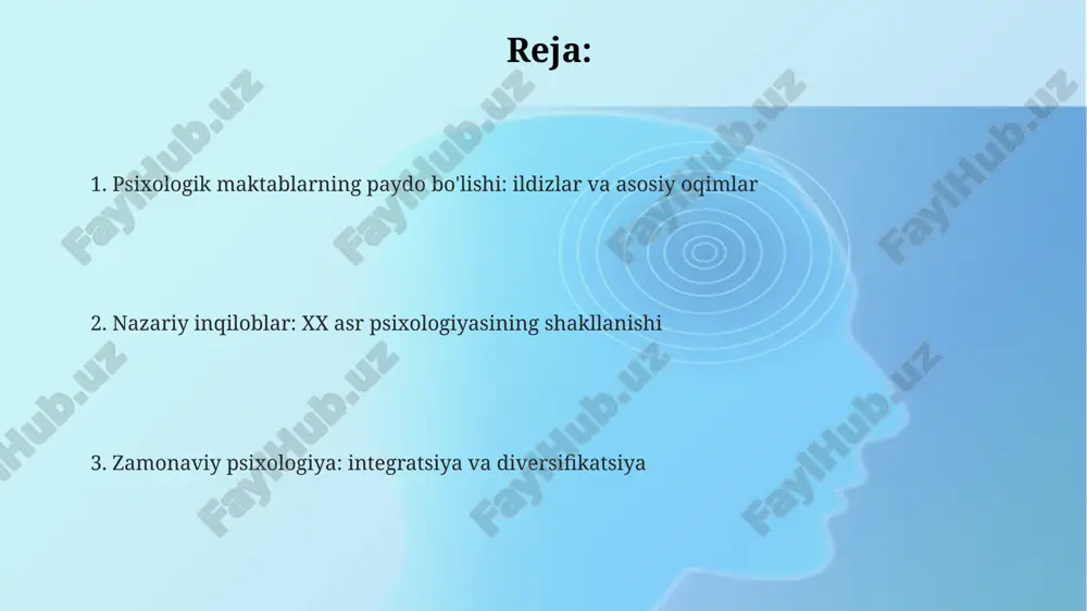 li usuldir. nevrologiya va genetika kabi fanlar bilan integratsiya tufayli, psixologiyada 21-asrda biologik psixologiya rivojlandi, bu esa miya faoliyati va xulq o'rtasidagi bog'liqlikni o'rganadi. e'tiboringiz uchun rahmat image2.png image1.png