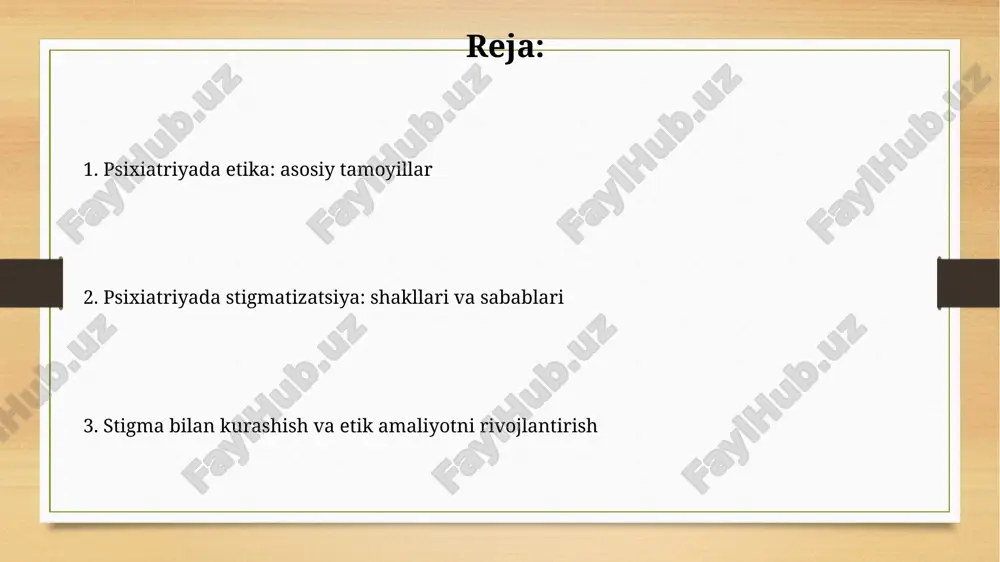 n 20-asr stereotiplarini kuchaytiradi. psixiatrik etika tamoyillari: autonomiya, adolat, xayrixohlik avtonomiya bemorning o'z taqdirini o'zi belgilash huquqini anglatadi, masalan, 1998-yilgi qonun bilan belgilangan davolanishdan voz kechish huquqi. adolat barcha bemorlarga teng munosabatda bo'lishni nazarda tutadi, bunda resurslar adolatli taqsimlanadi va diskriminatsiya holatlari yo'q qilinadi. stigmaning bemorlarga ta'siri: salomatlik va farovonlik ijtimoiy stigma bemorlarga tibbiy yordamga murojaat qilishni 40% gacha kamaytirishi mumkin, bu esa kasallikning surunkali shaklga o'tish xavfini oshiradi. o'ziga xos stigma bemorning o'ziga bo'lgan ishonchini 60% gacha pasaytiradi, bu esa ijtimoiy izolyatsiya va depressiya holatiga olib kelishi mumkin. psixiatrik yordamga kirishdagi to'siqlar psixiatrik yordam olishdagi asosiy to'siqlardan biri 60-70% hollarda davolanishni kechiktiradigan stigma va xabardorlikning yetishmasligidir. geografik cheklanishlar, ayniqsa qishloq joylarda, mutaxassislarning yetishmasligi sababli psixiatrik xizmatlarga kirishda 45% gacha qiyinchiliklar tug'diradi. shifokor-bemor munosabatlarida etika va stigma shifokor-bemor munosabatlarida xolislik tamoyili 2001-yilgi sog'liqni saqlash to'g'risidagi qonunning 4-moddasida bemor manfaatlarini birinchi o'ringa qo'yishni talab qiladi. psixiatriyada stigma bemorlarning 60-70 foizida davolanishdan …