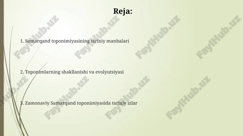 'smrknth'dan kelib chiqqan bo'lib, eramizdan avvalgi vi-iv asrlarda paydo bo'lgan. bu nom 'tosh shahar' yoki 'qoya shahar' ma'nosini anglatadi. 'qo'shrabot' toponimi ikki qismdan iborat: 'qo'sh' (juft) va 'rabot' (karvonsaroy), ya'ni bu hududda 2 ta muhim karvonsaroy joylashganligini ko'rsatadi. 'jomboy' nomi so'g'dcha 'jam' (kanal, suv oqimi) va 'buy' (hid, xushbo'y) so'zlaridan tashkil topgan, bu hududdagi suvning xushbo'yligidan dalolat beradi. qadimiy samarqand shahri toponimlari vii-viii asrlarda 'so'g'd bozori' (sug'd bozori) nomi samarqandning iqtisodiy markazi bo'lganligi, savdo-sotiqning rivojlanganligini ko'rsatadi, 'bozor' so'zi fors tilidan olingan. 'panjob' toponimi, 'panj' (besh) so'zidan kelib chiqqan bo'lib, samarqandning 5 ta asosiy darvozasi joylashgan hududga ishora qiladi. bu nom v asrlardan boshlab qo'llanilgan. 'bibixonim' toponimi xv asrda amir temurning xotini sharafiga qo'yilgan. bu nom bibixonim masjidi qurilishi bilan bog'liq bo'lib, o'sha davr me'morchiligini aks ettiradi. tarixiy manbalarda samarqand viloyati toponimlari xiv asrda amir temur hukmronligi davrida samarqand mintaqasidagi qishloq va shaharlarning ko'plab toponimlari turkiy va forsiy tillarida qayta nomlangan, …