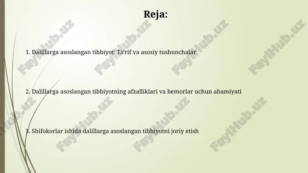 umotlar bazalari mavjud bo'lib, ularda tibbiyotga oid 34 milliondan ortiq maqolalar mavjud, bu esa samarali izlashni talab qiladi. sifatli dalillarni topish uchun **cochrane kutubxonasi** muhim manba hisoblanadi, unda 8000 dan ortiq tizimli ko'rib chiqish mavjud bo'lib, klinik amaliyotga asoslangan yondashuvni qo'llab-quvvatlaydi. dalillarning tanqidiy bahosi dalillarning tanqidiy bahosi tadqiqot usullari va natijalarini tushunishni talab etadi, masalan, p-qiymatining 0.05 dan kamligi tasodifiy natijani anglatmaydi. tanqidiy baholashda xatoliklar va adashuvchanliklarni aniqlash muhim, xususan, tasdiqlash biasini (confirmation bias) hisobga olish talab etiladi. dalillarni klinik amaliyotga tatbiq etish dalillarga asoslangan tibbiyot, 1990-yillarda paydo bo'lgan, klinik qarorlarni qabul qilishda eng yaxshi tadqiqot dalillarini ishlatishga qaratilgan. bu xatolarni kamaytiradi. sistematik ko'rib chiqishlar va meta-tahlillar eng yuqori darajadagi dalillar hisoblanadi, ular bir nechta tadqiqotlarni birlashtirib, xolis va aniq xulosalar chiqarishga yordam beradi. datning afzalliklari: bemorlar natijalarining yaxshilanishi ma'lumotlarga asoslangan tibbiyot (dat) kasalliklarni tashxislashda aniqlikni oshiradi, bu esa 25% gacha bo'lgan holatlarda to'g'ri davolanish rejasini tuzishga yordam beradi. dat …