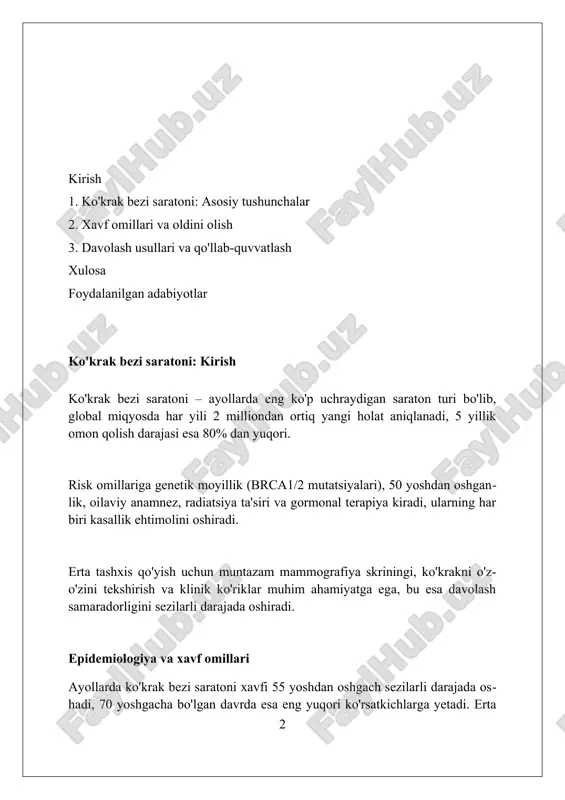 1-2 yilda bir marta o'tkazilishi lozim, chunki bu bosqichda xavf ortadi va aniqlash samaradorligi yuqori. o'z-o'zini tekshirish har oyning ma'lum bir kunida o'tkazilishi, har qanday o'zgarishlarni erta aniqlashga yordam beradi, garchi u mammografiya o'rnini bosmasa ham. klinik ko'rik shifokor tomonidan kamida 3 yilda bir marta 20-39 yoshdagi ayollar uchun, undan so'ng esa har yili o'tkazilishi, xatarlarni baholash uchun muhim. o'z-o'zini tekshirish va klinik tekshiruv o'z-o'zini tekshirishni har oyda, hayz tugaganidan keyin 7-10 kunda o'tkazish tavsiya etiladi, bu ko'krak to'qimasining gormonal ta'sirini kamaytiradi. klinik tekshiruv 40 yoshdan oshgan ayollar uchun har yili mammografiya bilan birga o'tkazilishi kerak, chunki bu 50 yoshdan keyin saraton xavfini kamaytiradi. ko'krakdagi har qanday o'zgarish, masalan, yangi shish paydo bo'lishi, teri qizarishi yoki so'rg'ichdan suyuqlik kelishi darhol shifokorga murojaat qilishni talab etadi. diagnostika usullari (mammografiya, utt, biopsiya) mammografiya - bu rentgen nurlari yordamida sut bezini tekshirish usuli bo'lib, 40 yoshdan oshgan ayollarga har 1-2 yilda bir marta …