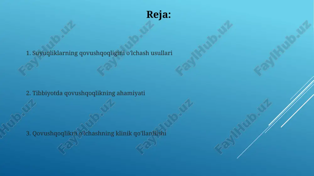 ishini ta'minlaydi. klinik diagnostikada viskozlikni aniqlash qon viskozligining yuqori bo'lishi yurak-qon tomir kasalliklari xavfini oshiradi, masalan, qon quyuqlashuvi tufayli arterial tromboz 30-40% gacha ko'tarilishi mumkin. sinovial suyuqlik viskozligi 25°c da artritni tashxislashda muhim, chunki past viskozlik yallig'lanish va bo'g'im kasalliklari bilan bog'liq bo'lishi mumkin. viskozlikni o'lchashda zamonaviy tendentsiyalar mikrofluidik viskozimetriya hajmi 10^-9 dan 10^-18 litrgacha bo'lgan juda kichik suyuqlik namunalarining viskozligini o'lchash uchun innovatsion yechimlarni taklif etadi, bu esa qimmatli reagentlarni tejaydi. reologiya va viskozlikni aniqlash uchun sun'iy intellekt (si) va mashinaviy o'rganish (mo) algoritmlari qo'llanilishi ma'lumotlar tahlilini tezlashtiradi va o'lchov aniqligini oshiradi. e'tiboringiz uchun rahmat image1.jpg image2.jpg image3.jpg image4.jpg image5.jpg image6.jpg