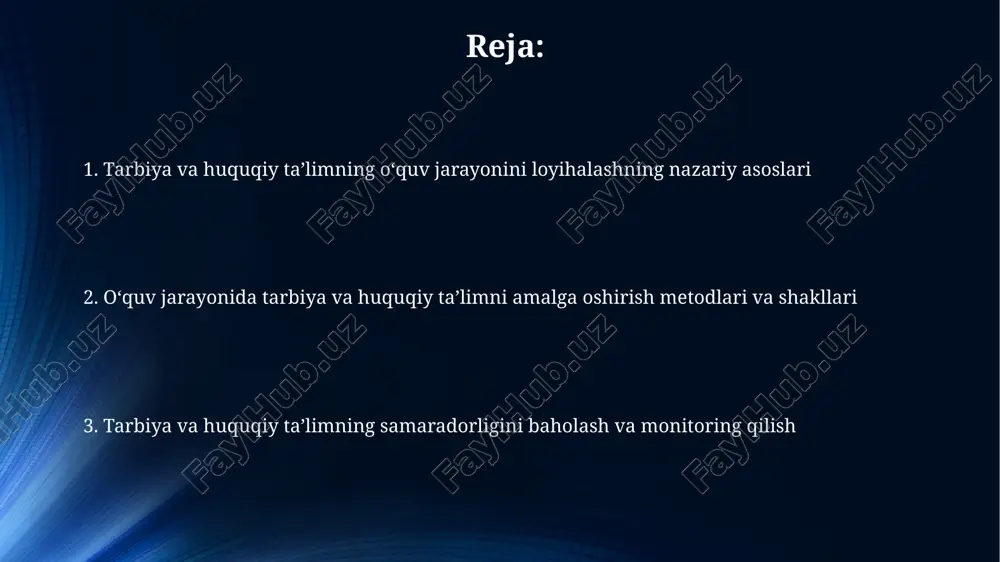 bi muhim tushunchalar o'z aksini topadi. o'qituvchining roli va vazifalari o'qituvchi, 21-asr talabalarini tarbiyalashda, axloqiy me'yorlar va qonun ustuvorligini singdirish orqali fuqarolik jamiyatiga tayyorlash vazifasini bajaradi. huquqiy savodxonlikni oshirishda o'qituvchi, o'zbekiston respublikasi konstitutsiyasi va qonunlarini tushuntirib, har bir o'quvchining huquq va burchlarini anglashiga yordam beradi. o'quvchilarning faolligini oshirish usullari interaktiv o'yinlar, masalan, 'aqlli soatlar' orqali mavzuni qiziqarli qilish, darsda 70% faollikni oshiradi va 2 marta yaxshiroq eslab qolishga yordam beradi. guruhli loyihalar, jumladan 'debatlar', 'tadqiqotlar', o'quvchilarning 85% ijtimoiy faolligini oshiradi, shuningdek, jamoaviy ishlash ko'nikmalarini rivojlantiradi. tarbiya va huquqiy ta'limda innovatsion texnologiyalar ta'limda "raqamli pedagogika" joriy etish, o'quvchilarga 3d modellashtirish orqali huquqiy normalarni vizual tarzda tushuntirishni ta'minlaydi, bu esa bilimlarni mustahkamlashga yordam beradi. sun'iy intellektga asoslangan ta'lim platformalari o'quvchilarning 95% dan ortig'iga individual yondashuvni ta'minlab, ularning qobiliyatiga mos huquqiy bilimlarni o'rgatish imkonini beradi. o'quv jarayonini baholash va monitoring qilish o'quv jarayonini baholashda formativ baholash usullari, masalan, "ikki yulduz, bir taklif" va …