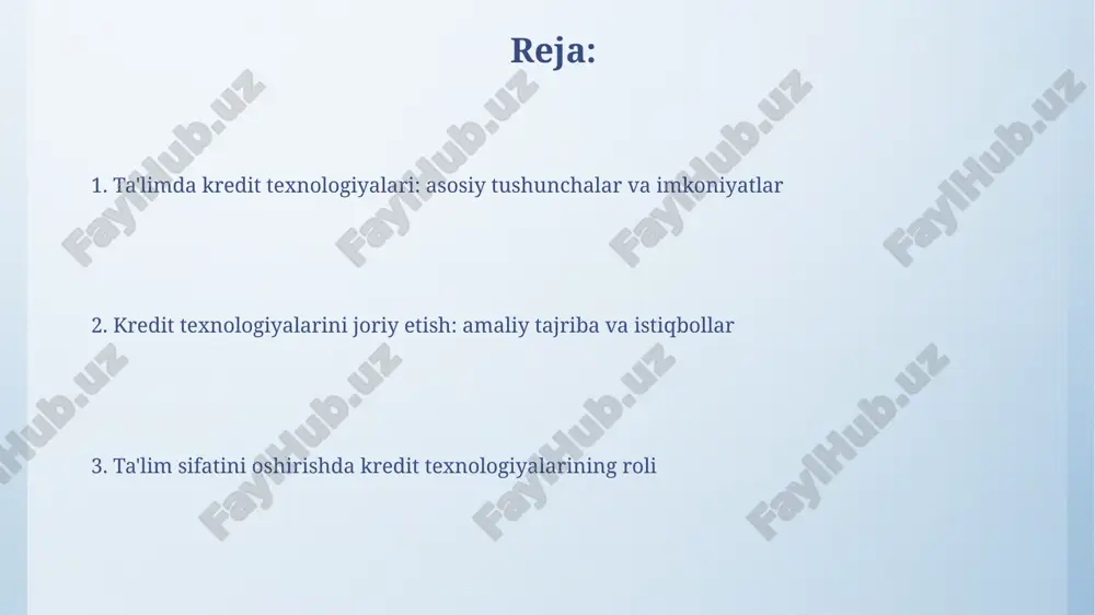 shga yordam beradi. o'qitishning kredit tizimi talabalarga individual o'quv rejasini tuzishga, 3-4 yillik bakalavriat dasturini o'zlashtirish muddatini qisqartirish yoki uzaytirishga imkon beradi. modulli o'qitish texnologiyasi modulli o'qitish texnologiyasi ta'lim mazmunini 1.1 dan 1.5 gacha alohida, tugallangan modullarga ajratishni nazarda tutadi, bu esa o'quv jarayonini moslashuvchan qiladi. ushbu texnologiya talabalarga o'quv materialini mustaqil ravishda, o'z tempida o'zlashtirish imkoniyatini beradi, masalan, 80-90% materialni o'zlashtirish talab etiladi. reyting nazorati texnologiyasi reyting nazorati texnologiyasi talabalarning o'zlashtirish darajasini baholash uchun ball tizimidan foydalanadi, har bir topshiriq uchun aniq mezonlar va vazn koeffitsientlarini belgilaydi. ushbu texnologiya talabalarning o'quv jarayonidagi faolligini, darslarga qatnashishini va mustaqil ishlarni bajarishini hisobga olgan holda umumiy reytingni shakllantiradi. masofaviy ta'lim texnologiyalari masofaviy ta’limda interaktiv doskalar 2.0 texnologiyasi o’quv jarayonini boyitib, virtual muhitda real vaqtda hamkorlikni 30% ga oshiradi. onlayn kurslarda adaptiv o’rganish platformalari talabalarning bilim darajasini 1dan 5gacha baholab, moslashtirilgan o’quv materiallarini taqdim etadi. case-study texnologiyasi keys-stadi texnologiyasi talabalarga real hayotdagi muammolarni …
