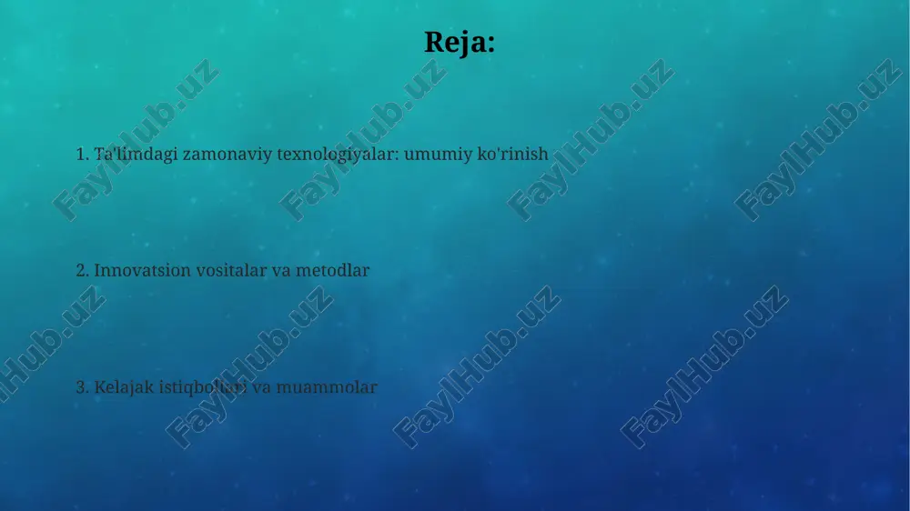 bir o'quvchining tezligiga moslashadi. vr va ar texnologiyalari ta'limda immersiv tajribalarni taqdim etadi, masalan, 3d formatda tarixiy voqealarni simulyatsiya qilish va ularni 90% gacha yaxshiroq tushunishga yordam beradi. e'tiboringiz uchun rahmat image4.png image3.png