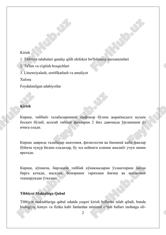 liklarida 4-8 haftalik intensiv amaliyot orqali tajriba orttirishga imkon beradi, bu ularga kelajakdagi yo'nalishni tanlashda yordam beradi. internlar har bir rotatsiyada 360 daraja baholanadi, bu esa shifokorlar, hamkasblar va bemorlarning fikrlarini jamlab, umumiy o'qish natijalarini yaxshilashga qaratilgan. rotatsiya davomida talabalar 10 dan ortiq turli xil klinik ko'nikmalarni, masalan, anamnez yig'ish, jismoniy tekshiruv o'tkazish va diagnostika usullarini amalda qo'llash orqali o'zlashtiradilar. baholash va litsenziyalash imtihonlari baholash imtihonlari talabalarning klinik ko‘nikmalarini, masalan, anamnez yig‘ish va jismoniy tekshiruv qobiliyatini baholaydi, bu esa 75% qismni tashkil qiladi. litsenziyalash imtihonlari asosiy tibbiyot fanlari (farmakologiya, patologiya) bo‘yicha bilimni sinovdan o‘tkazadi, minimal o‘tish balli 70% ni tashkil etadi. imtihonlar turli formatlarda (masalan, ko‘p tanlovli, klinik senariy) bo‘lib, asosiy maqsad tibbiyot amaliyoti uchun 90% talabalarni tayyorlashni ta'minlashdir. rezidentura dasturlari: ixtisoslashuv bo'yicha o'qish rezidentura dasturlari 3-5 yil davom etadi, tibbiyot maktabini tugatgandan so'ng tor ixtisoslik bo'yicha amaliy ko'nikmalarni rivojlantirishga qaratilgan. o'qish davomida rezidentlar mentor nazorati ostida bemorlarni davolashda qatnashadilar, …