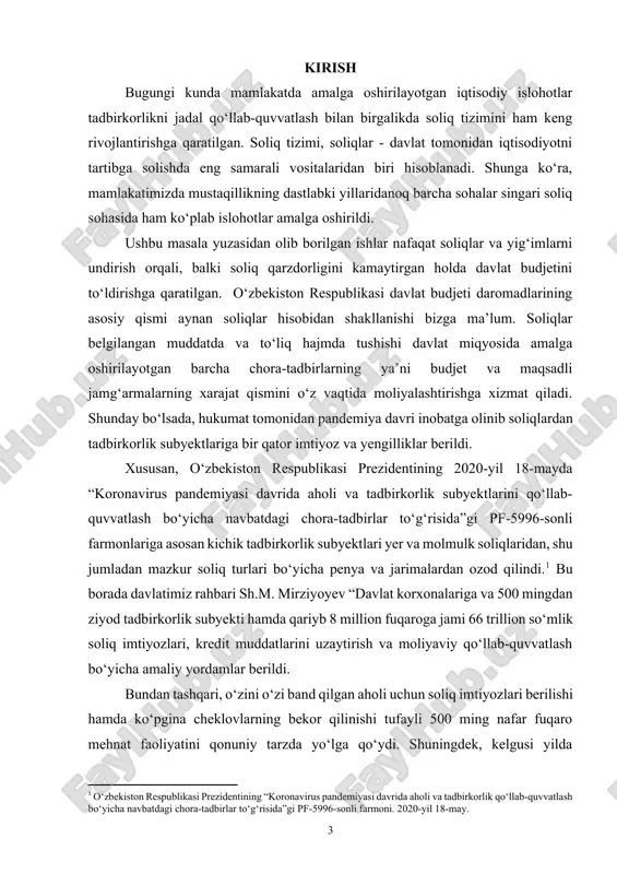 adbirkorlik subyektlari yer va molmulk soliqlaridan, shu jumladan mazkur soliq turlari bo‘yicha penya va jarimalardan ozod qilindi.[footnoteref:1] bu borada davlatimiz rahbari sh.m. mirziyoyev “davlat korxonalariga va 500 mingdan ziyod tadbirkorlik subyekti hamda qariyb 8 million fuqaroga jami 66 trillion so‘mlik soliq imtiyozlari, kredit muddatlarini uzaytirish va moliyaviy qo‘llab-quvvatlash bo‘yicha amaliy yordamlar berildi. [1: o‘zbekiston respublikasi prezidentining “koronavirus pandemiyasi davrida aholi va tadbirkorlik qo‘llab-quvvatlash bo‘yicha navbatdagi chora-tadbirlar to‘g‘risida”gi pf-5996-sonli farmoni. 2020-yil 18-may. ] bundan tashqari, o‘zini o‘zi band qilgan aholi uchun soliq imtiyozlari berilishi hamda ko‘pgina cheklovlarning bekor qilinishi tufayli 500 ming nafar fuqaro mehnat faoliyatini qonuniy tarzda yo‘lga qo‘ydi. shuningdek, kelgusi yilda “soliqchi – ko‘makchi” tamoyili asosida tadbirkorlar uchun ularning biznes hamkorining soliq qarzdorligi haqidagi ma’lumotlarni olish imkoniyati yaratiladi” – deya ta’kidladi.[footnoteref:2] rivojlantirish shuningdek, o‘zbekiston respublikasi prezidentining “o‘zbekiston respublikasini yanada bo‘yicha harakatlar strategiyasi to‘g‘risida”gi pf-4947-sonli farmonining iii yo‘nalishi “iqtisodiyotni rivojlantirish va liberallashtirishning ustuvor yo‘nalishlari”da soliq yukini kamaytirish va soliqqa tortish …