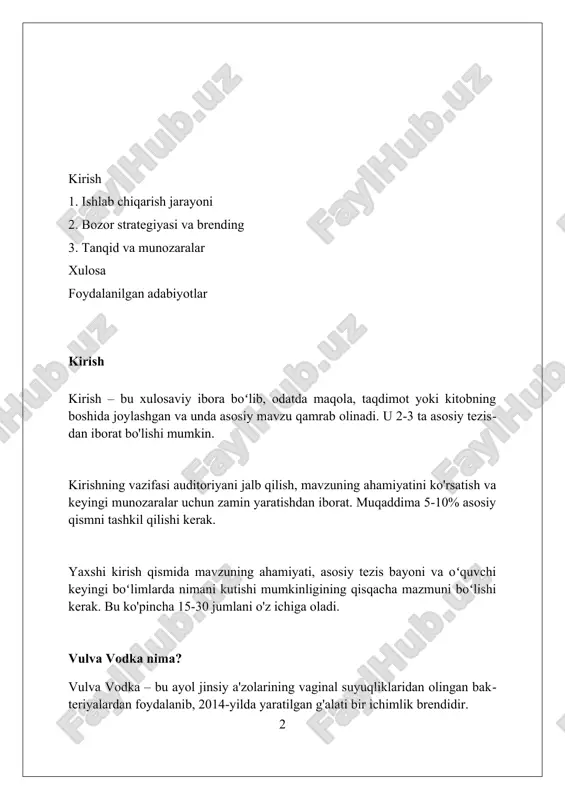 larida 96% gacha spirt hosil qilish uchun bir necha marta distillanadi. vodka filtrlash jarayoni ko'pincha faollashtirilgan ko'mir yoki kvarts qumi orqali o'tadi, bu esa uning ta'mini yumshatish va har qanday qoldiq nopokliklarni yo'qotish uchun amalga oshiriladi, keyin esa sifatni tekshirish uchun testlar o'tkaziladi. ishlab chiqarishning muhim bosqichi – bu suv bilan aralashtirish (reduction), bunda tozalangan suv spirtning darajasini odatda 40% abv (alcohol by volume) gacha kamaytirish uchun ishlatiladi, bu esa vodkaning oxirgi ta'mini belgilaydi. ilmiy asos vulva vodkasining ilmiy asosi sut kislotasi bakteriyalarining (laktobakteriyalar) ayollar jinsiy a'zolaridan ajratib olinishiga tayanadi va ularning fermentatsiyasi orqali o'ziga xos ta'm yaratiladi. biologik xavfsizlik nuqtai nazaridan, laktobakteriyalar distillash jarayonida yo'q qilinadi; shu sababli, yakuniy mahsulotda faqatgina ta'm beruvchi moddalar qoladi va mikrobiologik xavf minimal darajaga yetadi. vodkada hosil bo'ladigan o'ziga xos ta'mning tarkibi 30 dan ortiq turli xil birikmalardan iborat bo'lib, ularning kontsentratsiyasi juda past bo'lgani uchun xavfsizlik bo'yicha xavotir uyg'otmaydi. marketing va brending …