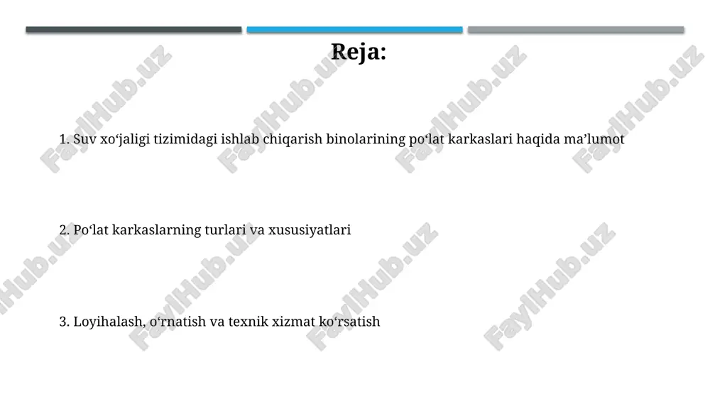 alashda, agressiv muhit ta'sirini hisobga olish muhim, chunki suv ob'ektlarida korroziya xavfi yuqori, himoya qoplamalarini talab qiladi. materiallar va qurilish talablari po'lat karkaslar snip ii-23-81* ga muvofiq yuqori mustahkamlikdagi po'latdan yasalishi kerak, korroziyaga qarshi ishlov berish talablari suv bilan doimiy aloqa sharoitida muhim ahamiyatga ega. qurilish maydonchasida payvandlash ishlari gost 5264-80 bo'yicha nazorat qilinishi shart, payvand choklarining sifati ultratovush tekshiruvi orqali aniqlanadi, bu suv o'tkazmasligini ta'minlaydi. monitoring, texnik xizmat ko'rsatish va ta'mirlash suv ta'minoti tizimidagi po'lat karkasli ishlab chiqarish binolarining monitoringi har 6 oyda vizual tekshiruvlar, 12 oyda esa ultratovush qalinligini o'lchashni o'z ichiga oladi. texnik xizmat ko'rsatishga korroziyaga qarshi qoplamalarni har 3 yilda qayta qo'llash, shikastlangan boltlarni 2 yilda bir marta m16 dan m24 gacha bo'lgan yuqori quvvatli boltlarga almashtirish kiradi. e'tiboringiz uchun rahmat image1.png image2.jpg image3.jpg image4.jpg image5.jpg image6.jpg image7.jpg