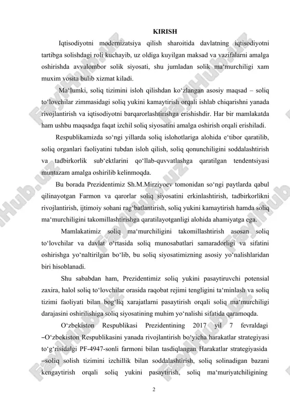 tasdiqlangan harakatlar strategiyasida ―soliq solish tizimini izchillik bilan soddalashtirish, soliq solinadigan bazani kengaytirish orqali soliq yukini pasaytirish, soliq ma‘muriyatchiligining ( 10 ) zamonaviy uslublarini joriy etish orqali soliqlar va boshqa majburiy to‘lovlarning yig‘iluvchanligini oshirish‖ 2017-2021 yillarda amalga oshiriladigan eng muhim vazifa qilib belgilandi1. mazkur vazifalar ijrosi yuzasidan 2017 yil 18 iyulda qabul qilingan pf- 5116-sonli farmonida, prezidentimiz amaldagi soliq tizimi xususan uning muhim yo‘nalishi bo‘lgan soliq ma‘murichiligini amalga oshirishdagi quyidagi muammolarni qayd etib o‘tdi2: · soliq solish tizimining murakkabligi va bir xil soliq solish bazasiga ega soliqlarning yetarli darajada unifikatsiya qilinmaganligi, soliq qonunchiligining o‘zgaruvchanligi, soliq to‘lovchilar tomonidan o‘z soliq majburiyatlarini to‘liq bajarish imkonini bermayapti; · soliq to‘lovchilarning soliqlarni to‘lash bo‘yicha o‘z konstitutsiyaviy burchini ixtiyoriy bajarishini ta‘minlashga qaratilgan huquqiy madaniyatini oshirish yuzasidan, ayniqsa, joylarda amalga oshirilayotgan ishlar talab darajasida takomillashtirilmagan; · soliq organlarining davlat byudjetiga tushumlar to‘liqligini ta‘minlash faoliyati ustidan tashqi nazorat mexanizmlarining mavjud emasligi soliq solinadigan bazani kengaytirish, soliqlarning yig‘iluvchanligini …