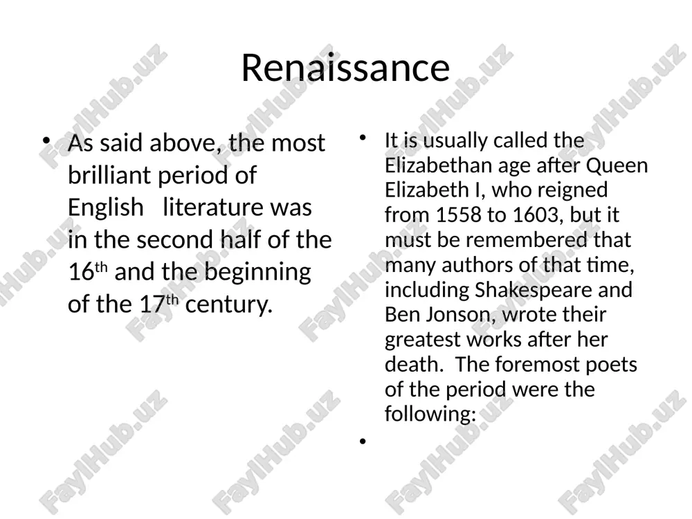 “the faerie queene” “the faerie queene” (only six books out of the planned twelve were completed) describes nature, or picturesque allegorical scenes. the stanza of the work was constructed by spenser and is called the spenserian stanza after him. many other poets, e.g. burns, byron, shelley, used spenserian stanzas in some of their poems. “amoretti” the title of his sonnet cycle “amoretti” means “little love stories”. the cycle is dedicated to elizabeth boyle. at that time spenser was in love with her and his sonnets tell the story of their romance. his sonnets are melodious and expressive. sonnet 75 one day i wrote her name upon the strand, but came the waves and washed it away: again i wrote it with a second hand, but came the tide and made my pains his prey. “vain man,” said she, “that dost in vain assay a mortal thing so immortalize, for i …
