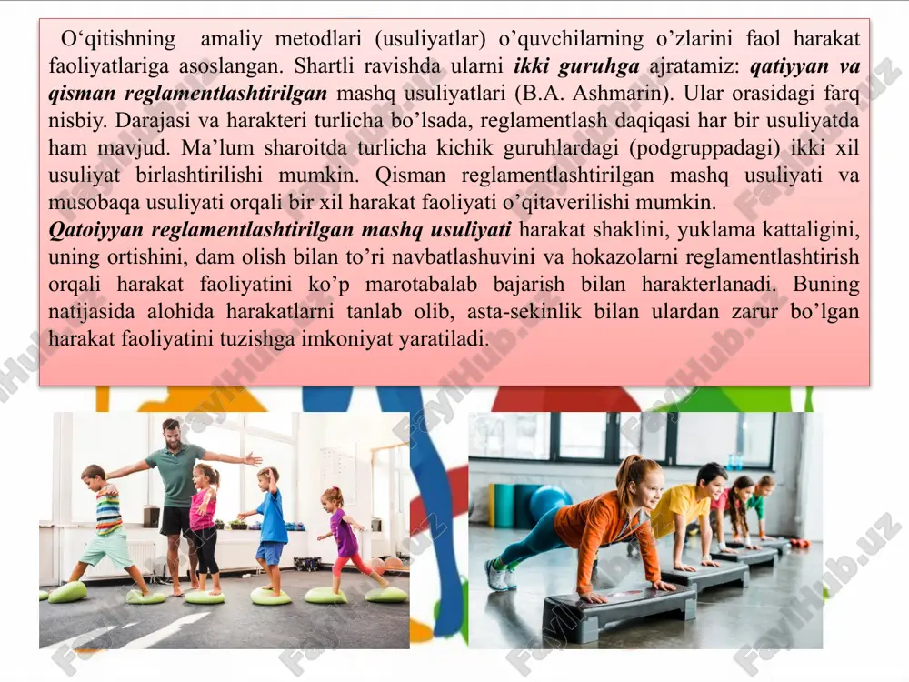 lish va ularga nisbatan javob beradigan darajadagi elementlar, ularni ajratib, o’qitishda qo’llashni taqazo etadi. yo’llanma beruvchi mashqlar bir butun shaklda va o’quvchilar kuchiga yarasha bo’lishi kerak. harakat faoliyatini bo’laklarga bo’lishning harakteri, yo’llanma beruvchi mashqlarning soni, ularning navbati - o’qitishning individual sharoitiga qarab qo’llash uchun o’qituvchi tomondan tanlanadi. har bir yo’llanma berish mashqini qo’llash, uning davomiyligi (uzunligi), mohi-yati, qiyinligi va ahamiyatini eotiborga olishda, o’quvchilar tayyorgarligiga qaraladi. yo’llanma beruvchi mashqlarni shartli ravishda ikki xil ko’rinishda tasavvur qilish mumkin: 1) bir butun harakatdan ajratilgan qismlar yoki butun harakat, lekin ulardan detallarni ajratib olingani bilan, faoliyatning qismi hech qanday qo’shimchasiz sof holda, qismlarga bo’lib o’zlashtirilayotgan harakat faoliyati texnika-sini ajratilgan holdagi ko’rinishi tarzida; 2) yo’llanma beruvchi mashqning ko’rinishi o’zlashtiri-layotgan faoliyatning belgilangan strukturasini tuzish uchun qo’llanilishi mumkin bo’lgan shaklidagi ko’rinishda. qisman reglamentlashtirilgan mashq usuliyati. ko’zda tutilgan vazifani bajarish uchun o’quvchilarga faoliyatni nisbatan erkin tanlashga yo’l qo’yadi. bu usuliyatdan, qoida bo’yicha takomillashtirish etapda foydalaniladi, bunda o’quvchi yetarli …