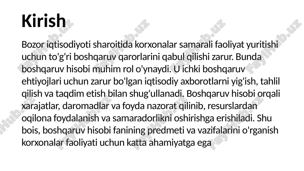 hisoblanadi. 2. boshqaruv hisobining asosiy maqsadi va ahamiyati boshqaruv hisobining asosiy maqsadi - korxona rahbariyati va menejerlariga to'g'ri, aniq o'z vaqtida axborot berish orqali oqilona boshqaruv qarorlarini qabul qilishga yordam berishdir. u ishlab chiqarish jarayonini rejalashtirish, xarajat daromadlarni tahlil qilish, foydani oshirish resurslardan samarali foydalanish kabi masalalarni hal qilishga xizmat qiladi. boshqaruv hisobi yordamida korxona faoliyati tahlil qilinadi, zaif va kuchli tomonlar aniqlanadi hamda kelajakdagi strategik rejalashtirish amalga oshiriladi. u nafaqat hozirgi holatni baholash, balki kelgusida samaradorlikni oshirish va raqobatbardoshligini ta'minlash uchun ham muhim ahamiyatga ega. shu tariqa, boshqaruv hisobi korxona iqtisodiy barqarorligini ta'minlashda va menejment tizimini rivojlantirishda asosiy vosita hisoblanadi. strategik rejalashtirish - bu korxonaning uzoq muddatli maqsadlarini belgilash va ularga erishish yo'llarini oldindan rejalashtirish jarayonidir. ya'ni, korxona kelajakda qanday rivojlanishini, qaysi yo'nalishda ishlashini resurslarni qanday taqsimlashini aniqlash demakdir. 3. boshqaruv hisobi fanining predmeti bu korxona faoliyati jarayonida yuzaga keladigan iqtisodiy hodisa jarayonlarni, ularning o'zaro bog'liqligini hamda boshqaruv qarorlariga …