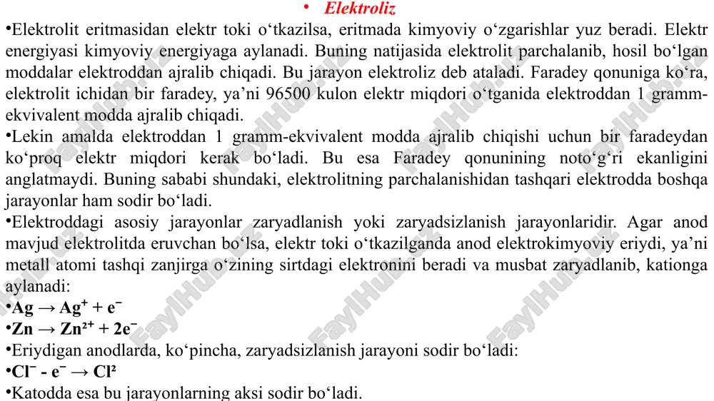 qolmaydi. elektrolizda hamma vaqt ana shunday bo‘ladi. bu hodisaning sabablarini tekshirib ko‘raylik. om qonuniga muvofiq: bu yerda elektr kuchlanishi () elektr yurituvchi kuch () ning kamayishi yoki ichki () va tashqi () qarshiliklarning ko‘payishi yoxud ikkala holatning bir vaqtning o‘zida sodir bo‘lishi natijasida kamayishi mumkin. elektroliz vaqtida tashqi qarshilik o‘zgarmaydi. agar elektroliz natijasida elektrni yomon o‘tkazadigan moddalar hosil bo‘lsa, ichki qarshilik oshishi mumkin. lekin elektroliz vaqtida zanjirda elektr tokining yo‘q bo‘lib qolish sababi faqat ichki qarshilikning oshishidandir deb bo‘lmaydi. bundan tashqari, elektrni yomon o‘tkazuvchi moddalar hosil bo‘lmaganda ham elektroliz vaqtida elektr tokining yo‘qolganligini ko‘rish mumkin. shunday qilib, elektroliz vaqtida elektr toki kuchining kamayishiga qarshilikning oshishi asosiy sabab emas. shunday ekan, elektr tokining yo‘qolishining asosiy sababi ning kamayishidir. buning haqiqatligini quyidagi tajribada ko‘rish mumkin. 1-rasmda ko‘rsatilgandek qilib zanjir tuzaylik. 1-rasm qutblanish tokini bilish sxemasi bu rasmda b — tashqi elektr manbai, a — elektrolitli vanna, o — galvanometr, f, j, e— …