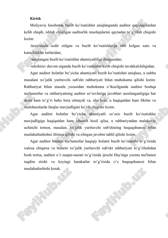 iy asoslari. moliyaviy hisobot auditining maqsadi moliyaviy hisobot ma'lumotlarining to’liqligi va ishonchliligini, ular amaldagi qonunchilikka muvofiqligini tekshirishdan iborat. auditorlik tekshiruvi o’tkazishning asosiy manbalari bo’lib quyidagilar hisoblanadi: 15.1-jadval auditning me'yoriy-huquqiy asoslari № me'yoriy hujjatlar 1 o’zbekiston respublikasi «buxgalteriya hisobi to’g’risida»gi qonuni. 1996 yil 30 avgustda qabul qilingan. 2 o’zbekiston respublikasi «auditorlik faoliyati to’g’risida»gi qonuni (yangi tahrirda). 2000 yil 26 mayda qabul qilingan. 3 21-son «xo’jalik yurituvchi sub'ektlar moliyaviy-xo’jalik faoliyatining buxgalteriya hisobi schetlar rejasi va uni qo’llash haqida yo’riqnoma» nomli bhms. 2002 yil 9 sentyabrda 103-son bilan o’zbekiston respublikasi moliya vazirligi tomonidan tasdiqlangan va 2002 yil 23 oktyabrda 1181-son bilan adliya vazirligi tomonidan ro’yxatga olingan 4 o’zbekiston respublikasi vazirlar mahkamasining 1999 yil 5 fevraldagi 54sonli qarori bilan tasdiqlangan «mahsulot (ishlar, xizmatlar)ni ishlab chiqarish va sotish bo’yicha xarajatlar tarkibi hamda moliyaviy natijalarni shakllantirish tartibi haqidagi nizom». 5 moliyaviy hisobotni tayyorlash va taqdim etish bo’yicha kontseptual asos. 6 1-son «hisob siyosati va moliyaviy hisobot» …