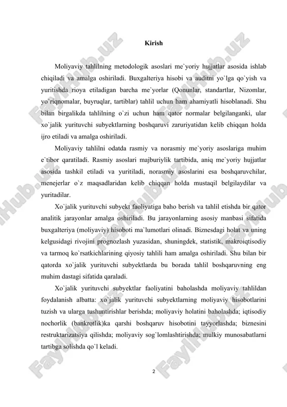 soslariga muhim e`tibor qaratiladi. rasmiy asoslari majburiylik tartibida, aniq me`yoriy hujjatlar asosida tashkil etiladi va yuritiladi, norasmiy asoslarini esa boshqaruvchilar, menejerlar o`z maqsadlaridan kelib chiqqan holda mustaqil belgilaydilar va yuritadilar. xo`jalik yurituvchi subyekt faoliyatiga baho berish va tahlil etishda bir qator analitik jarayonlar amalga oshiriladi. bu jarayonlarning asosiy manbasi sifatida buxgalteriya (moliyaviy) hisoboti ma`lumotlari olinadi. biznesdagi holat va uning kelgusidagi rivojini prognozlash yuzasidan‚ shuningdek, statistik, makroiqtisodiy va tarmoq ko`rsatkichlarining qiyosiy tahlili ham amalga oshiriladi. shu bilan bir qatorda xo`jalik yurituvchi subyektlarda bu borada tahlil boshqaruvning eng muhim dastagi sifatida qaraladi. xo`jalik yurituvchi subyektlar faoliyatini baholashda moliyaviy tahlildan foydalanish albatta: xo`jalik yurituvchi subyektlarning moliyaviy hisobotlarini tuzish va ularga tushuntirishlar berishda; moliyaviy holatini baholashda; iqtisodiy nochorlik (bankrotlik)ka qarshi boshqaruv hisobotini tayyorlashda; biznesini restruktarizatsiya qilishda; moliyaviy sog`lomlashtirishda; mulkiy munosabatlarni tartibga solishda qo`l keladi. moliyaviy tahlildan foydalanishning yagona metodikasi shu paytga qadar yaratilmagan. shu sababli, har bitta menejer o`z amaliy tajribasidan, xo`jalik yurituvchi subyektining …